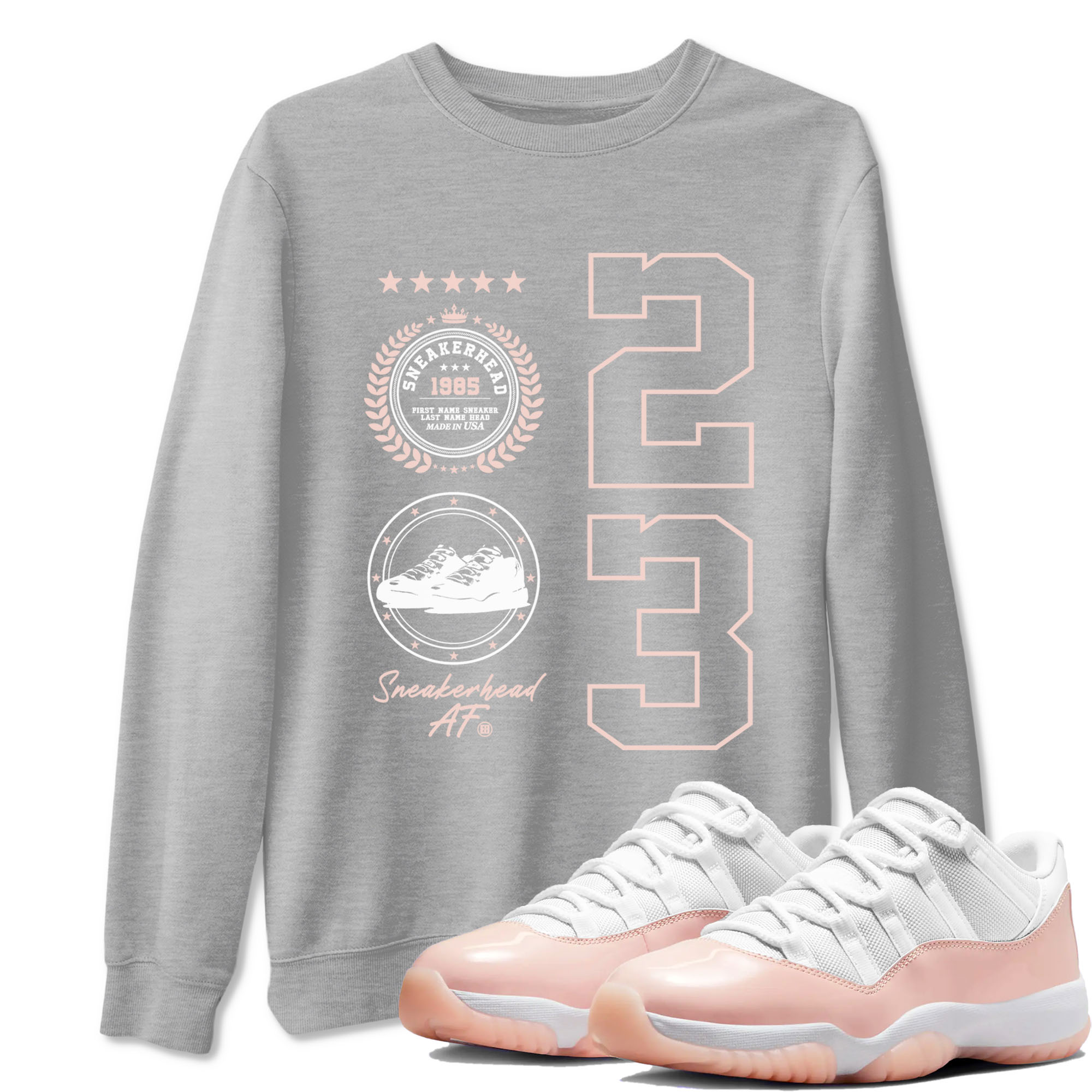 11s Legend Pink shirt to match jordans Sneaker Emblem sneaker tees Air Jordan 11 Legend Pink Drip Gear Zone unisex cotton Heather Grey 1 crew neck shirt