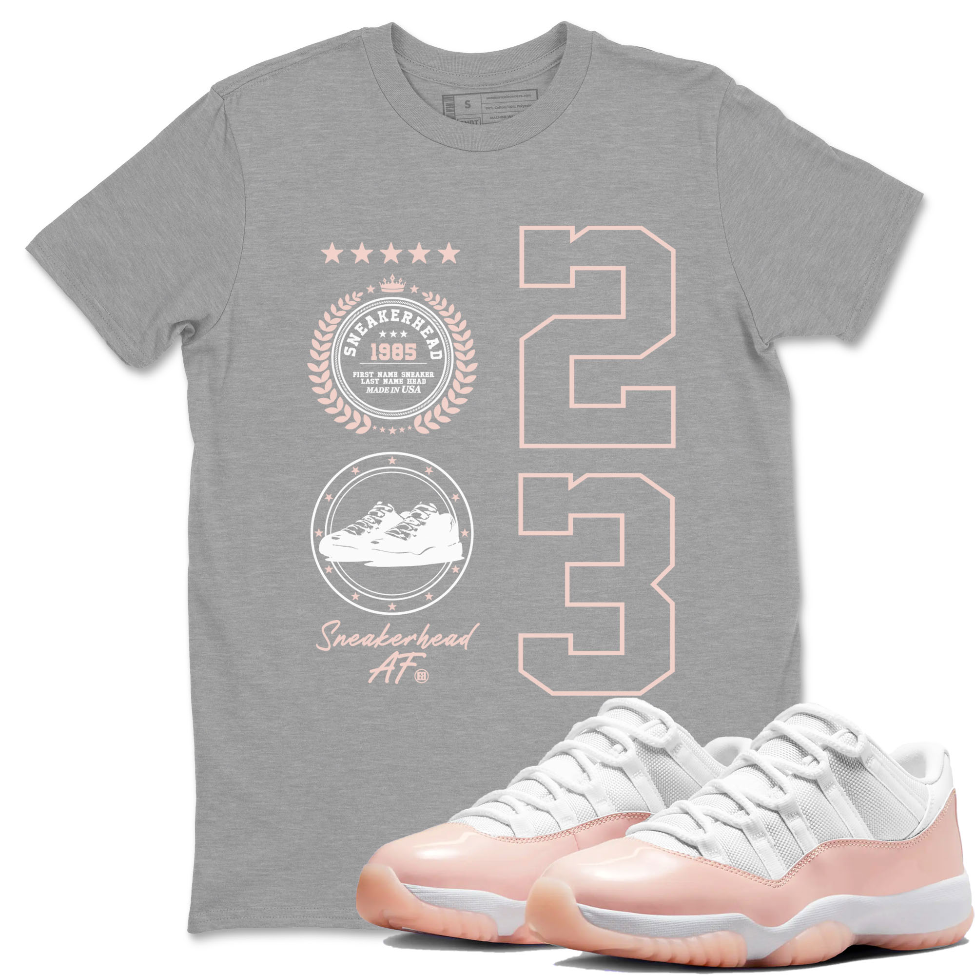 11s Legend Pink shirt to match jordans Sneaker Emblem sneaker tees Air Jordan 11 Legend Pink Drip Gear Zone unisex cotton Heather Grey 1 crew neck shirt