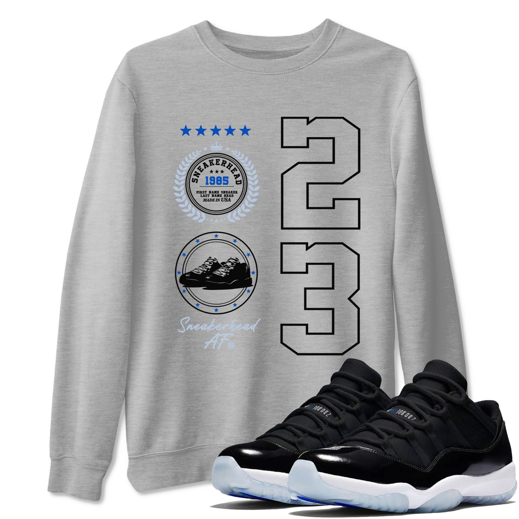 11s Space shirt to match jordans Sneaker Emblem sneaker tees Air Jordan 11 Space Drip Gear Zone unisex cotton Heather Grey 1 crew neck shirt