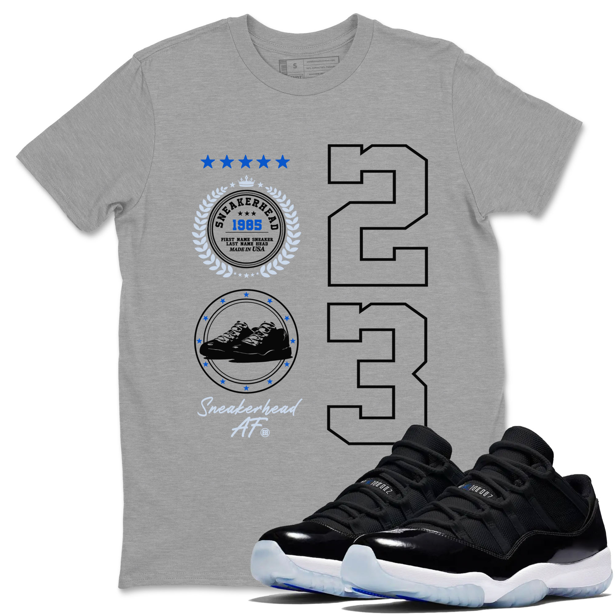 11s Space shirt to match jordans Sneaker Emblem sneaker tees Air Jordan 11 Space Drip Gear Zone unisex cotton Heather Grey 1 crew neck shirt