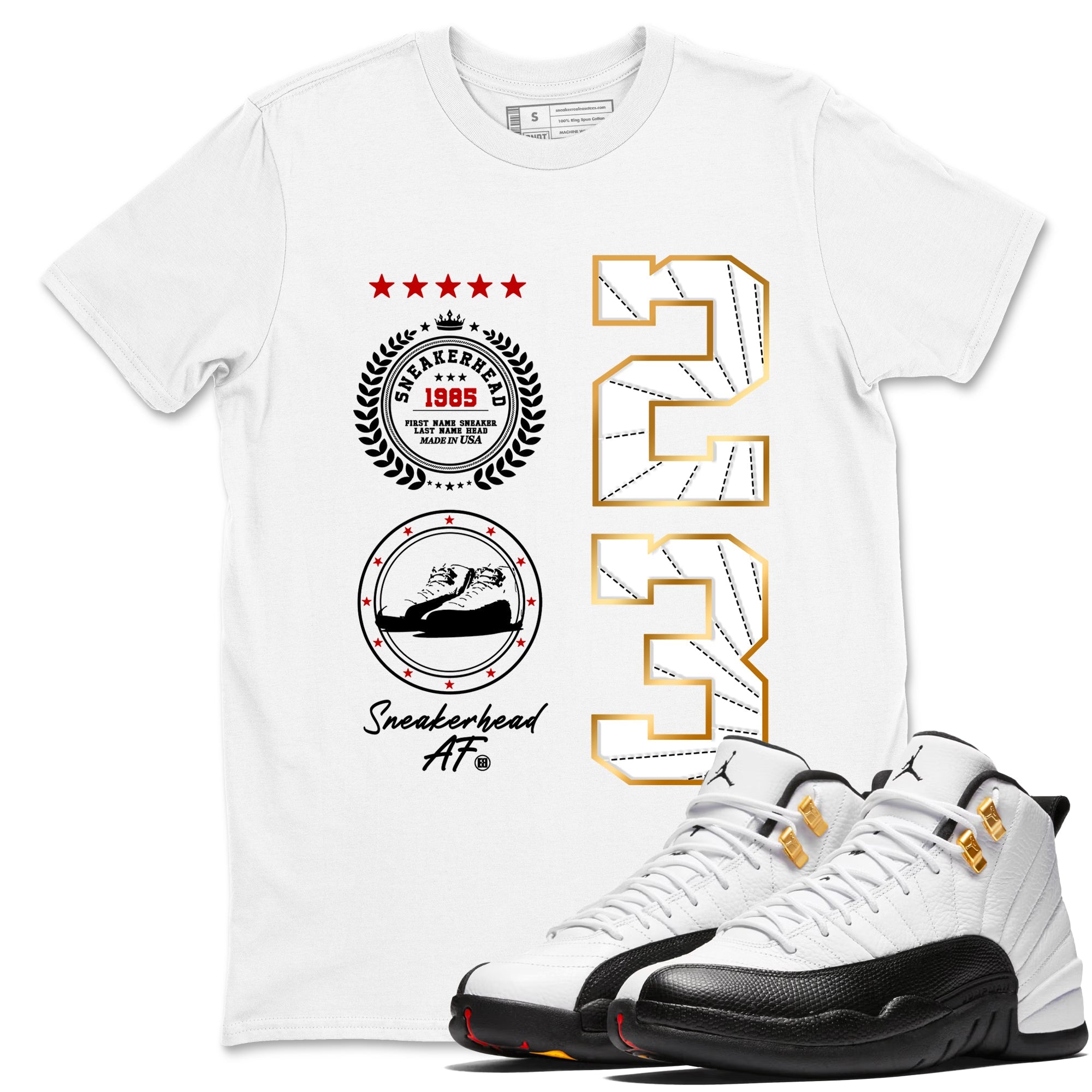 Sneaker Threads  Sneaker Tees To Match Air Jordan 12 Taxi  Sneaker Emblem Graphic Tee White 1. Perfect for Jordan releases 2025 colorways.
