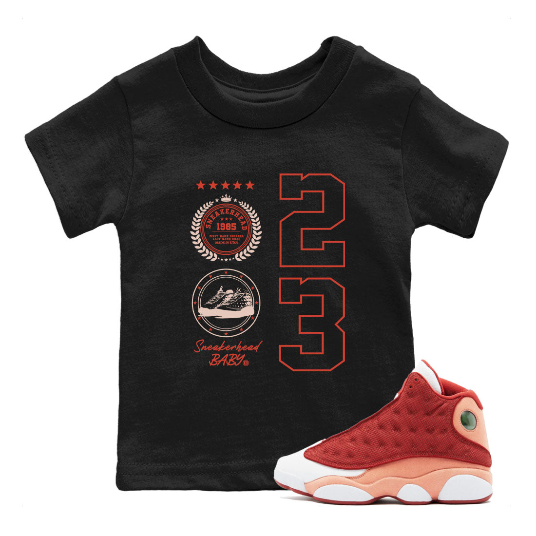 AJ13 Dune Red shirts to match jordans Sneaker Emblem sneaker match tees Air Jordan 13 Dune Red Drip Gear Zone streetwear brand Baby and Youth Black 1 cotton tee