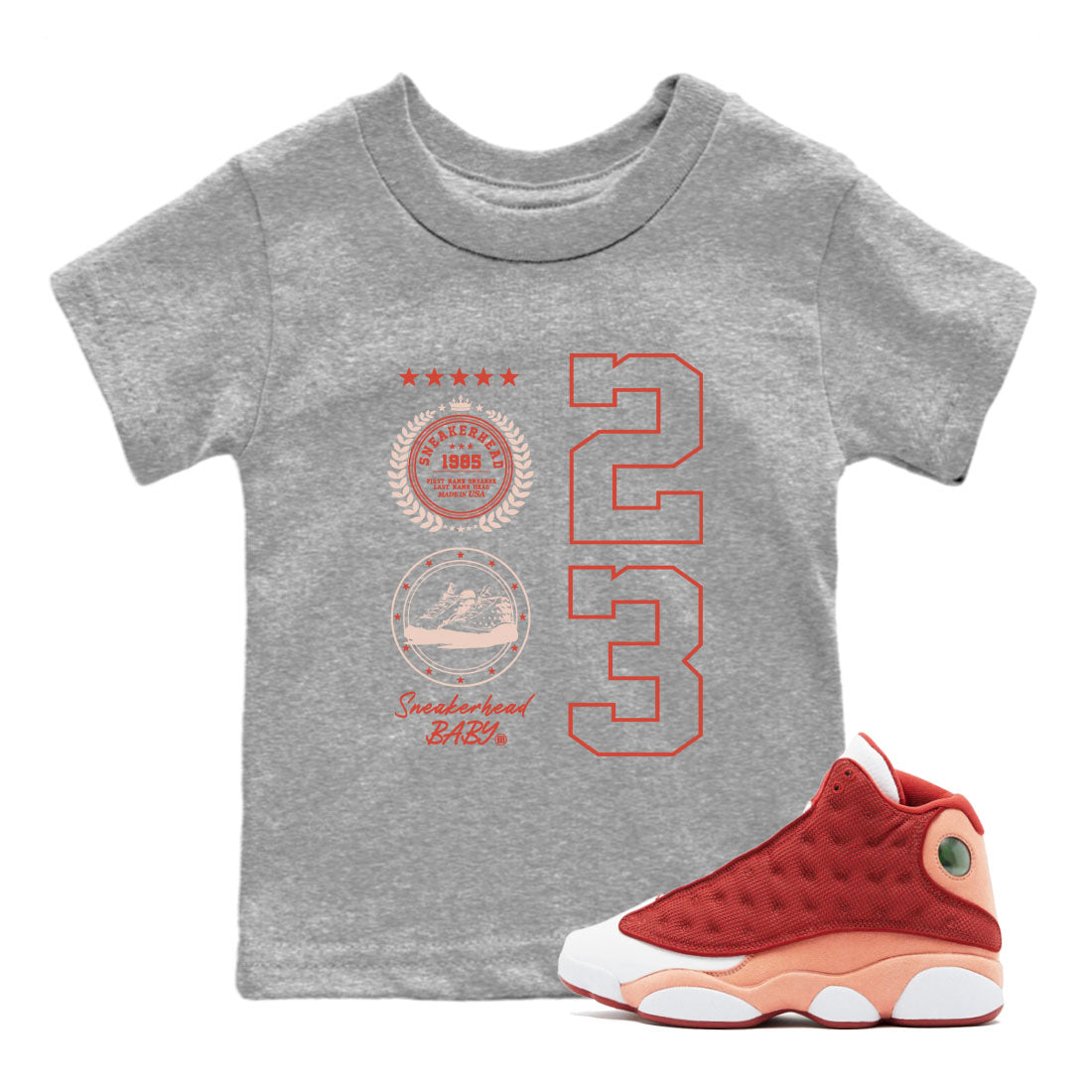 AJ13 Dune Red shirts to match jordans Sneaker Emblem sneaker match tees Air Jordan 13 Dune Red Drip Gear Zone streetwear brand Baby and Youth Heather Grey 1 cotton tee