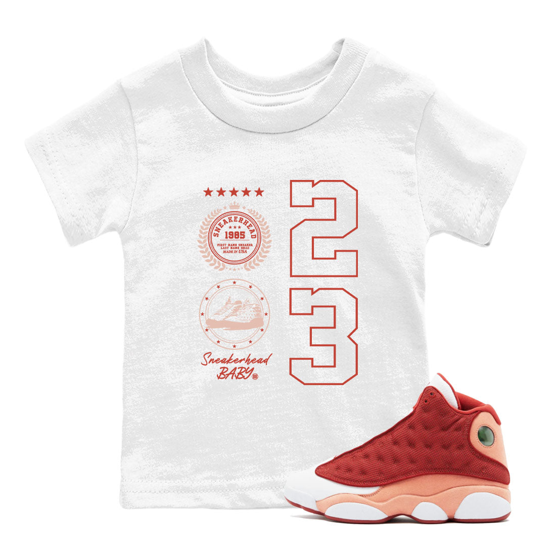 AJ13 Dune Red shirts to match jordans Sneaker Emblem sneaker match tees Air Jordan 13 Dune Red Drip Gear Zone streetwear brand Baby and Youth White 1 cotton tee