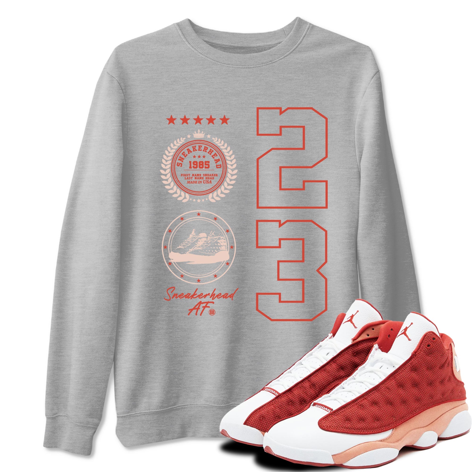 AJ13 Dune Red shirts to match jordans Sneaker Emblem sneaker match tees Air Jordan 13 Dune Red Drip Gear Zone streetwear brand Heather Grey 1 unisex cotton tee