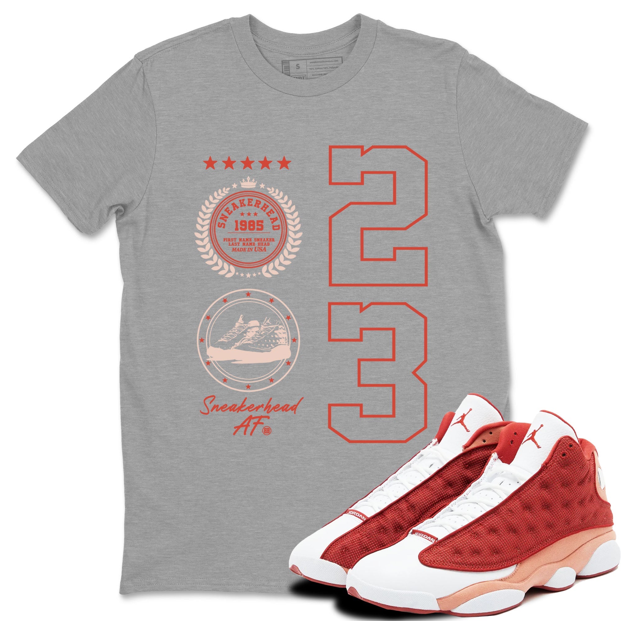 AJ13 Dune Red shirts to match jordans Sneaker Emblem sneaker match tees Air Jordan 13 Dune Red Drip Gear Zone streetwear brand Heather Grey 1 unisex cotton tee
