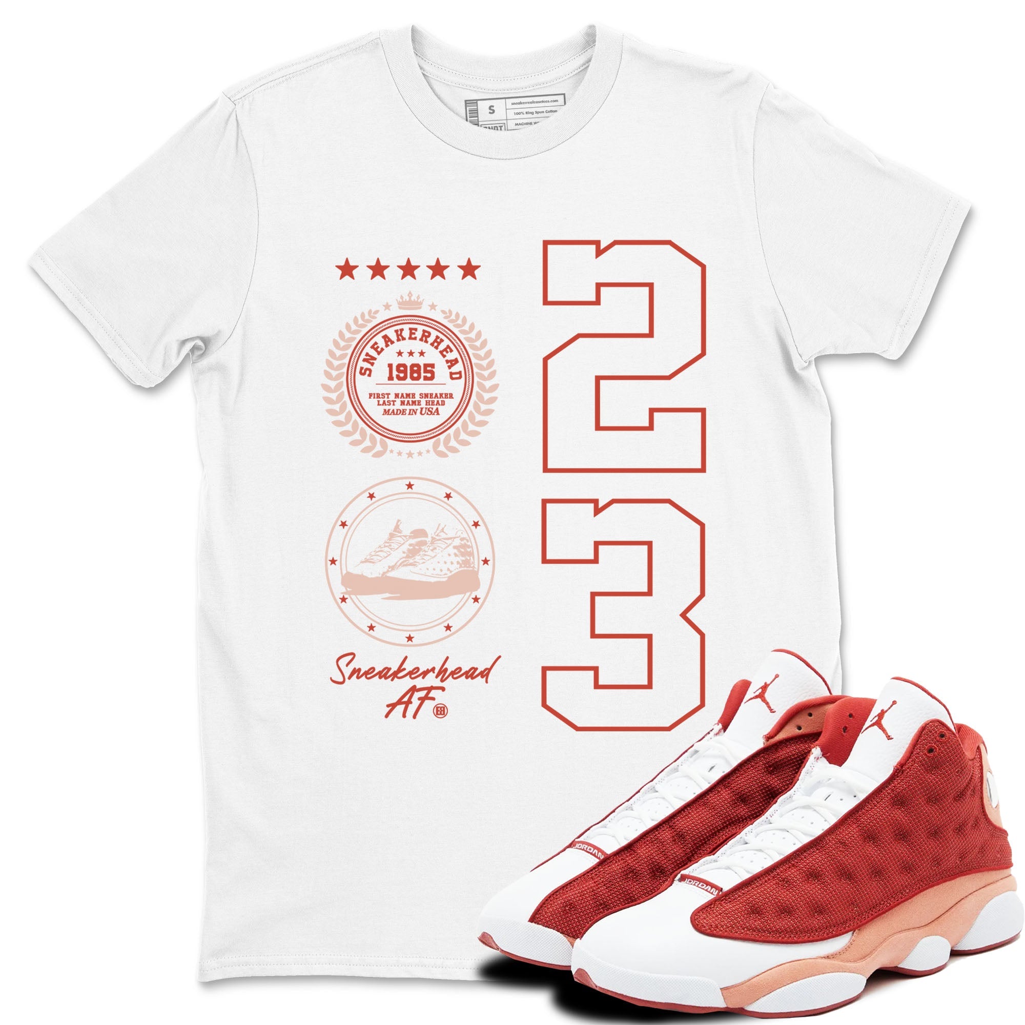AJ13 Dune Red shirts to match jordans Sneaker Emblem sneaker match tees Air Jordan 13 Dune Red Drip Gear Zone streetwear brand White 1 unisex cotton tee