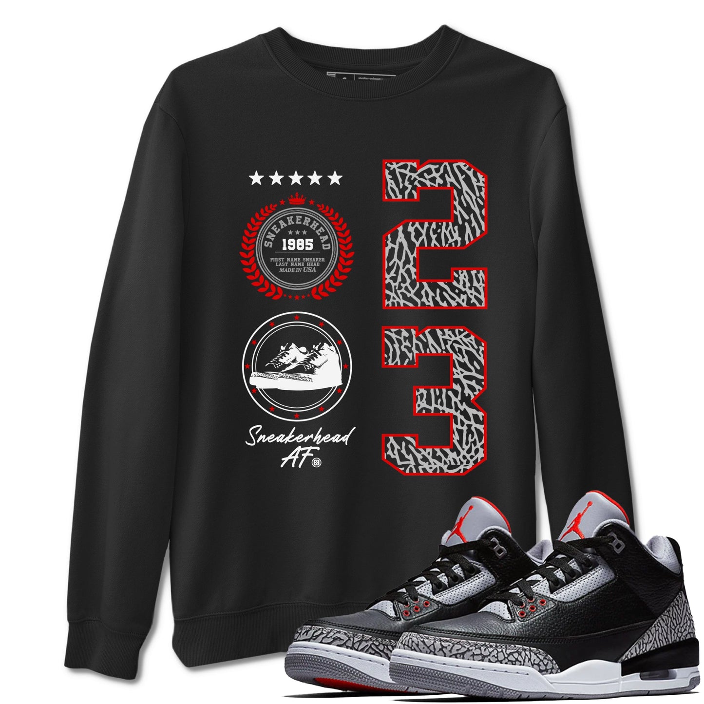 3s Black Cement shirts to match jordans Sneaker Emblem sneaker match tees Air Jordan 3 Retro Black Cement Drip Gear Zone unisex cotton Black 1 crew neck shirts