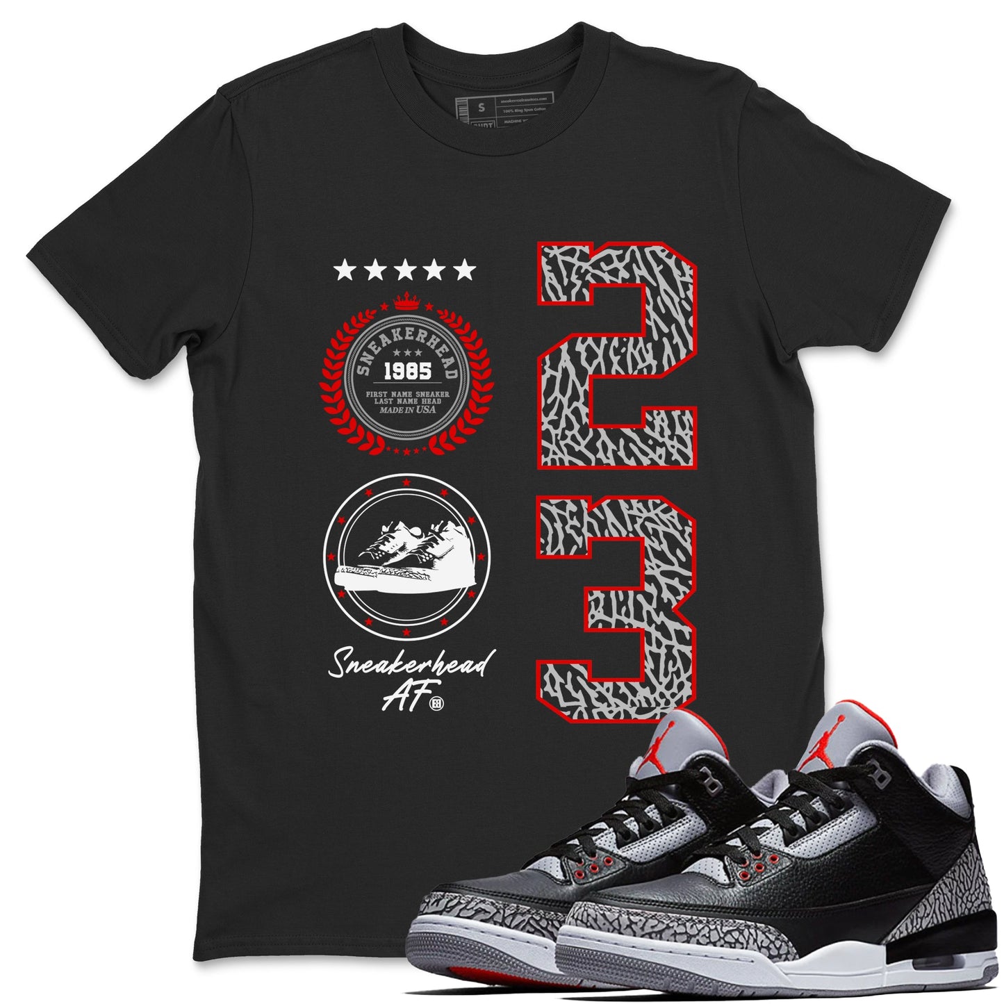 3s Black Cement shirts to match jordans Sneaker Emblem sneaker match tees Air Jordan 3 Retro Black Cement Drip Gear Zone unisex cotton Black 1 crew neck shirts