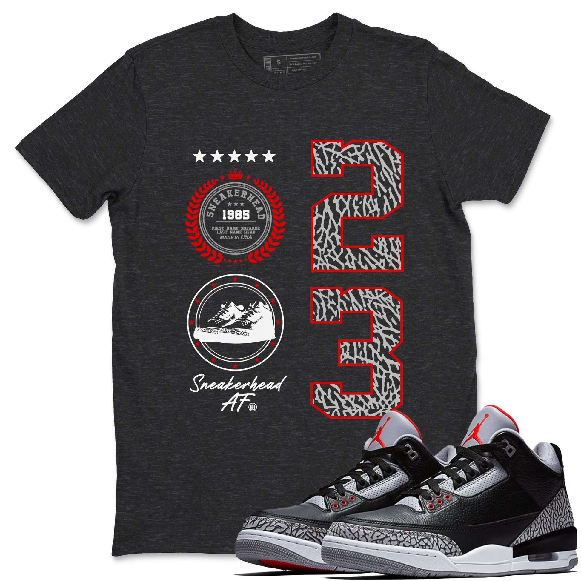 3s Black Cement shirts to match jordans Sneaker Emblem sneaker match tees Air Jordan 3 Retro Black Cement Drip Gear Zone unisex cotton Charcoal Heather 1 crew neck shirts