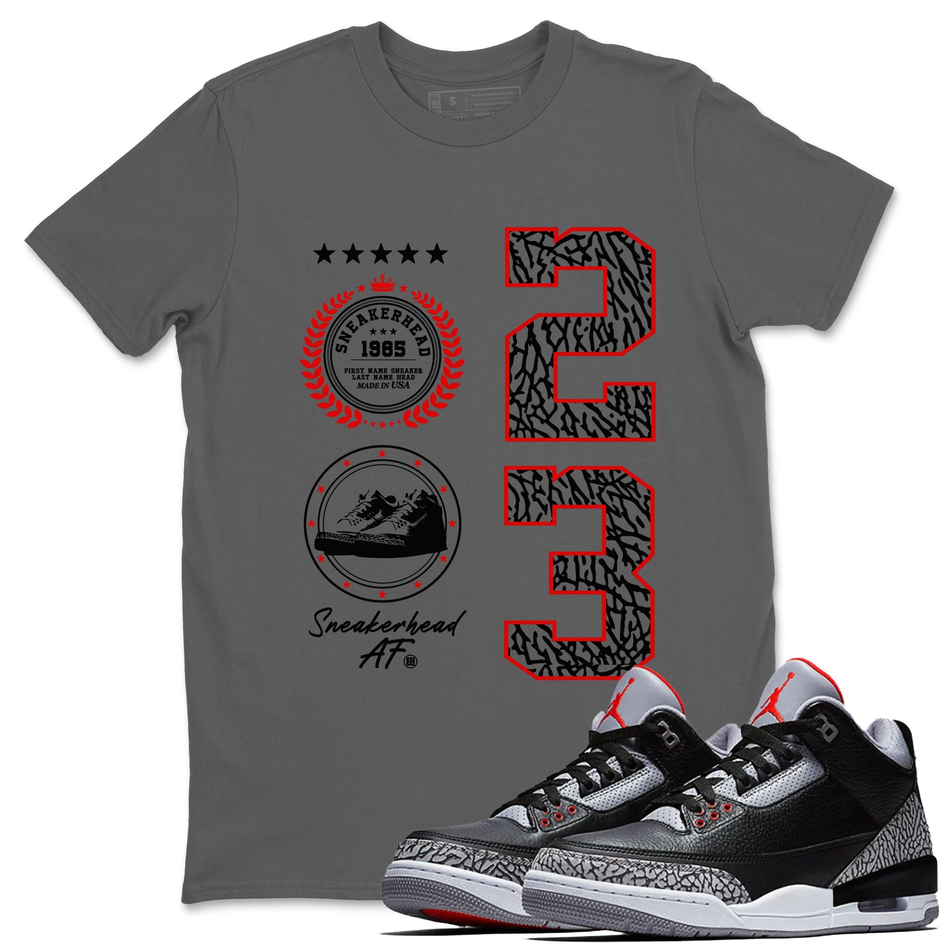 3s Black Cement shirts to match jordans Sneaker Emblem sneaker match tees Air Jordan 3 Retro Black Cement Drip Gear Zone unisex cotton Cool Grey 1 crew neck shirts