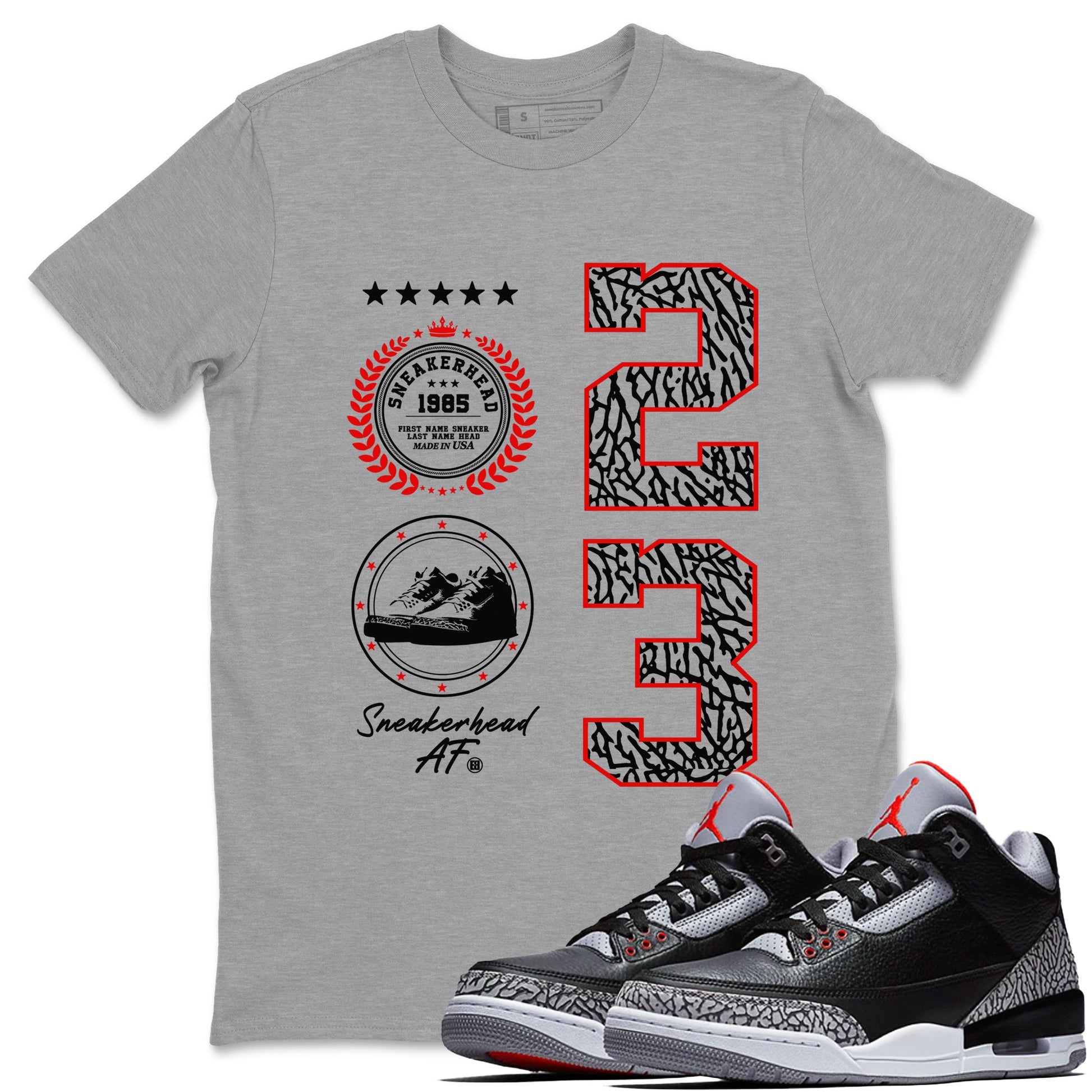 3s Black Cement shirts to match jordans Sneaker Emblem sneaker match tees Air Jordan 3 Retro Black Cement Drip Gear Zone unisex cotton Heather Grey 1 crew neck shirts