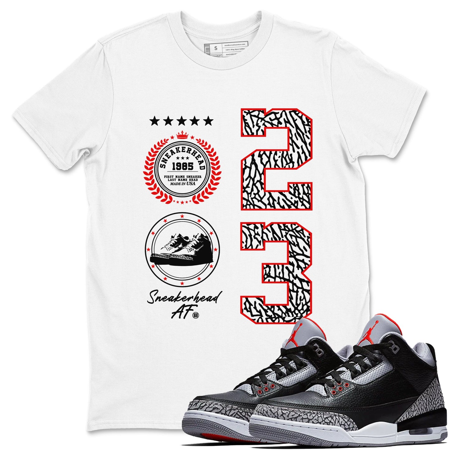 3s Black Cement shirts to match jordans Sneaker Emblem sneaker match tees Air Jordan 3 Retro Black Cement Drip Gear Zone unisex cotton White 1 crew neck shirts