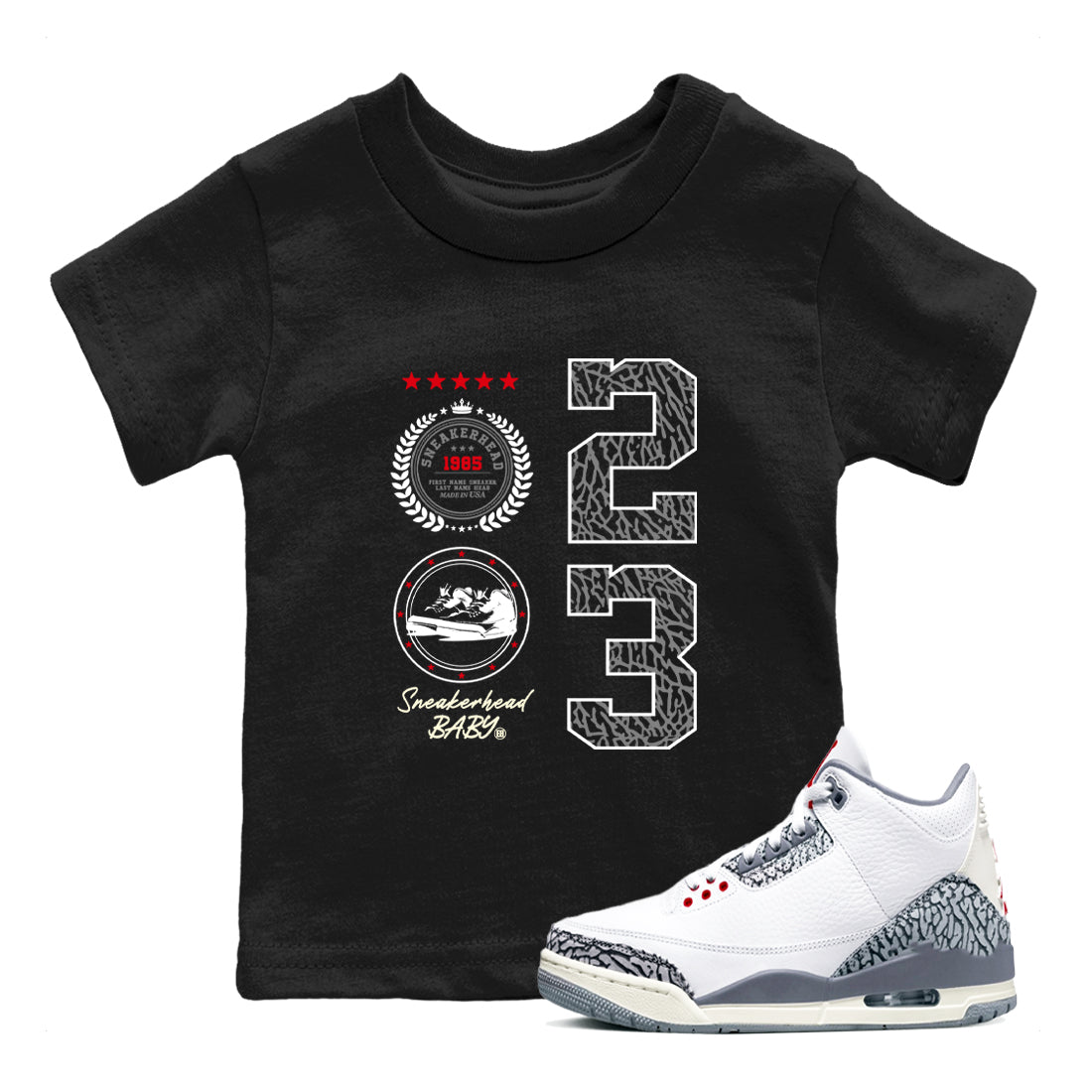 Air Jordan 3 Retro Cement Grey shirts to match jordans Sneaker Emblem sneaker match tees 3s Cement Grey Drip Gear Zone streetwear brand Baby and Youth Black 1 cotton tee