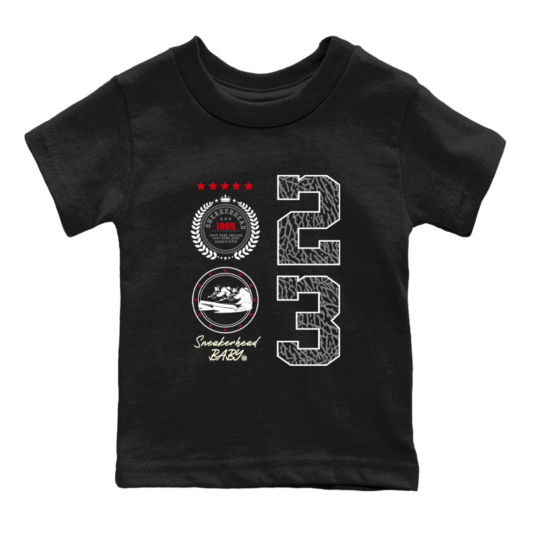 Air Jordan 3 Retro Cement Grey shirts to match jordans Sneaker Emblem sneaker match tees 3s Cement Grey Drip Gear Zone streetwear brand Baby and Youth Black 2 cotton tee