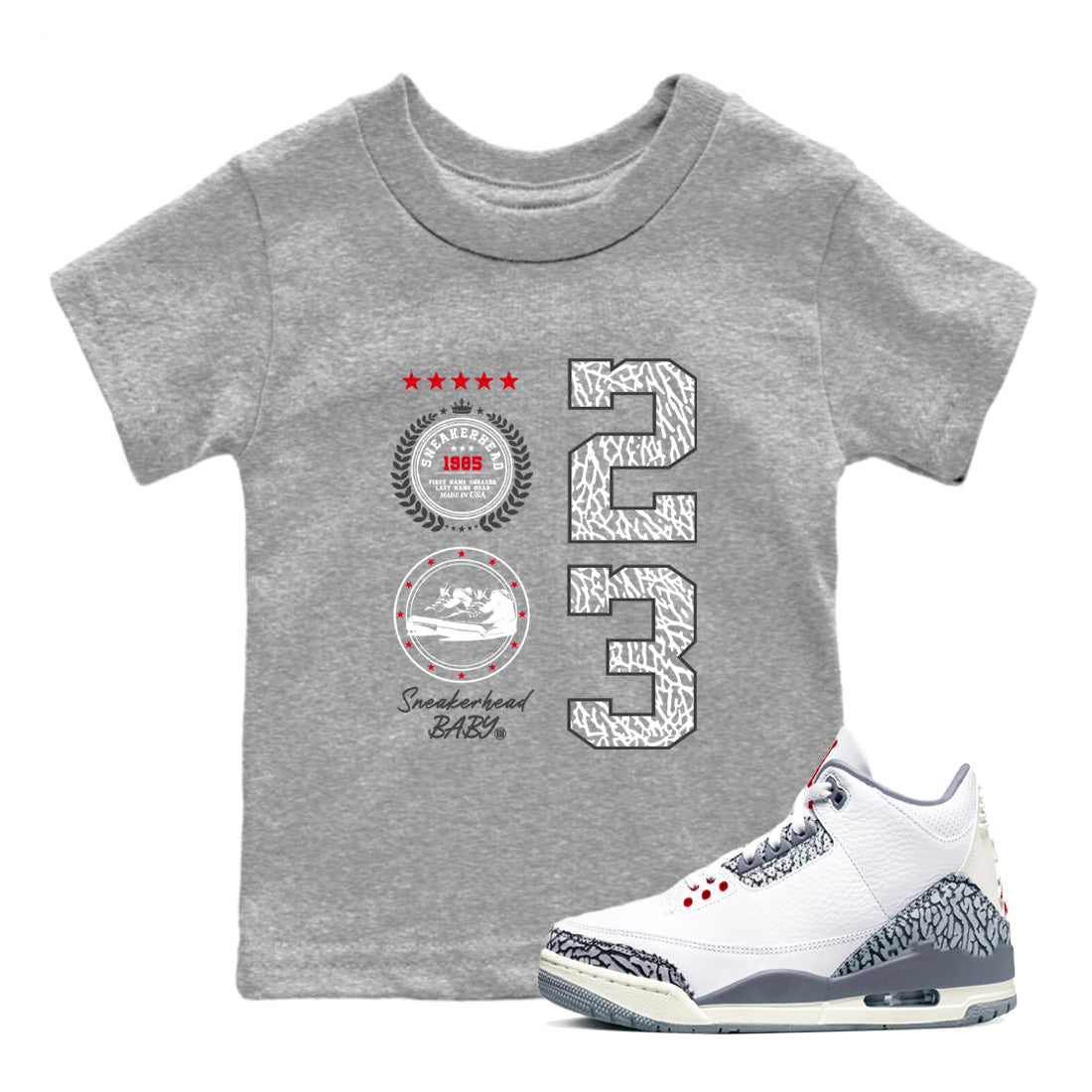 Air Jordan 3 Retro Cement Grey shirts to match jordans Sneaker Emblem sneaker match tees 3s Cement Grey Drip Gear Zone streetwear brand Baby and Youth Heather Grey 1 cotton tee