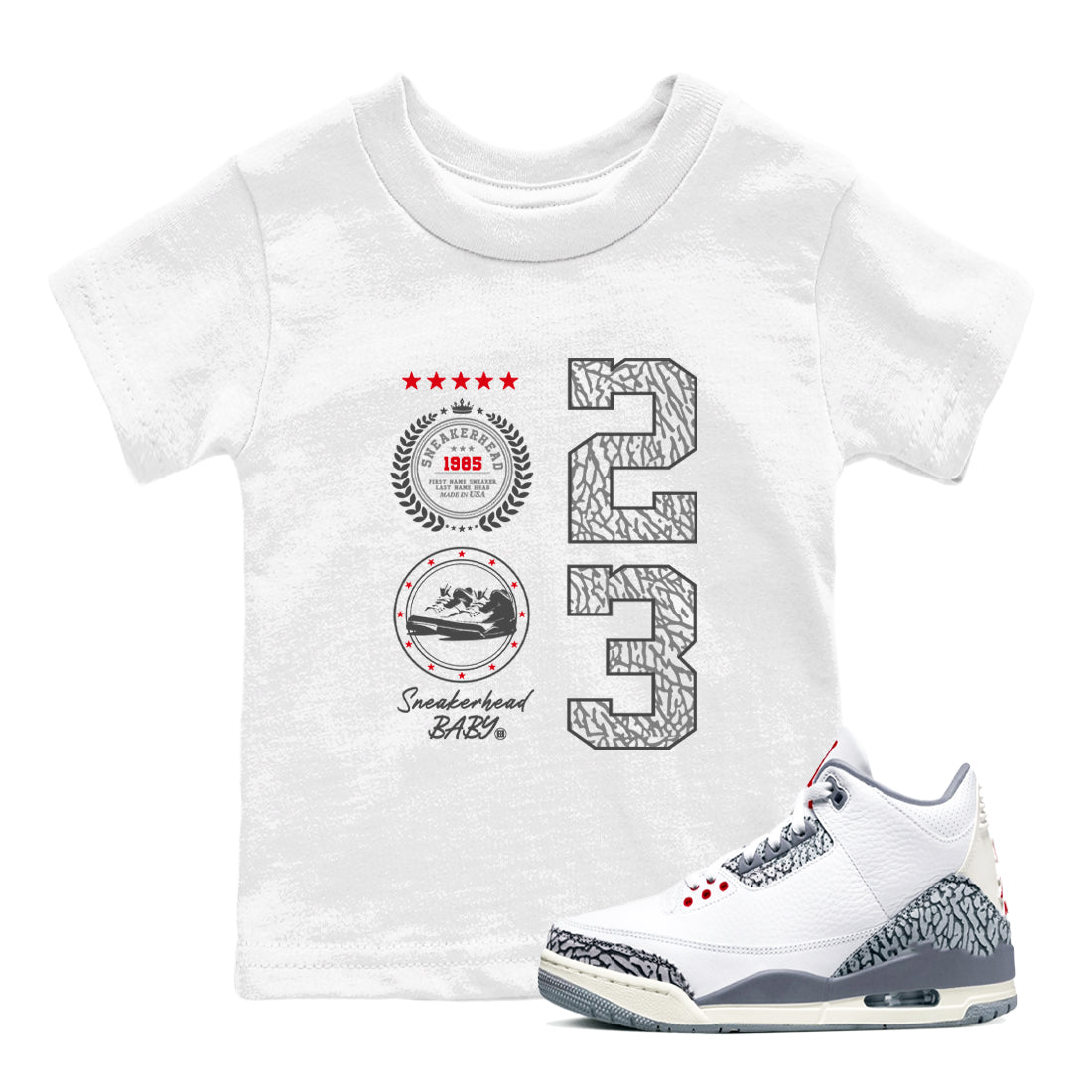 Air Jordan 3 Retro Cement Grey shirts to match jordans Sneaker Emblem sneaker match tees 3s Cement Grey Drip Gear Zone streetwear brand Baby and Youth White 1 cotton tee