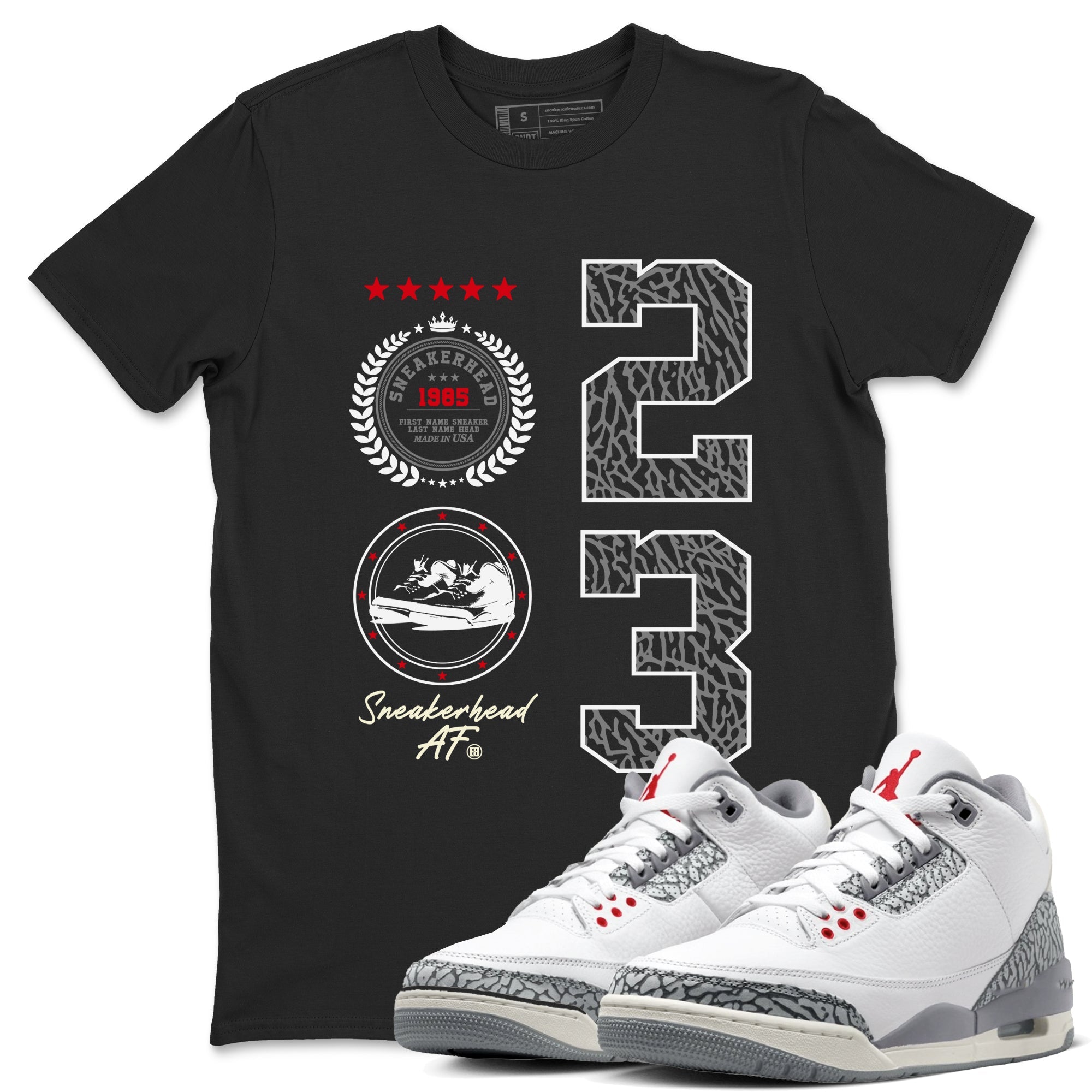Air Jordan 3 Retro Cement Grey shirts to match jordans Sneaker Emblem sneaker match tees 3s Cement Grey Drip Gear Zone streetwear brand Black 1 unisex cotton tee