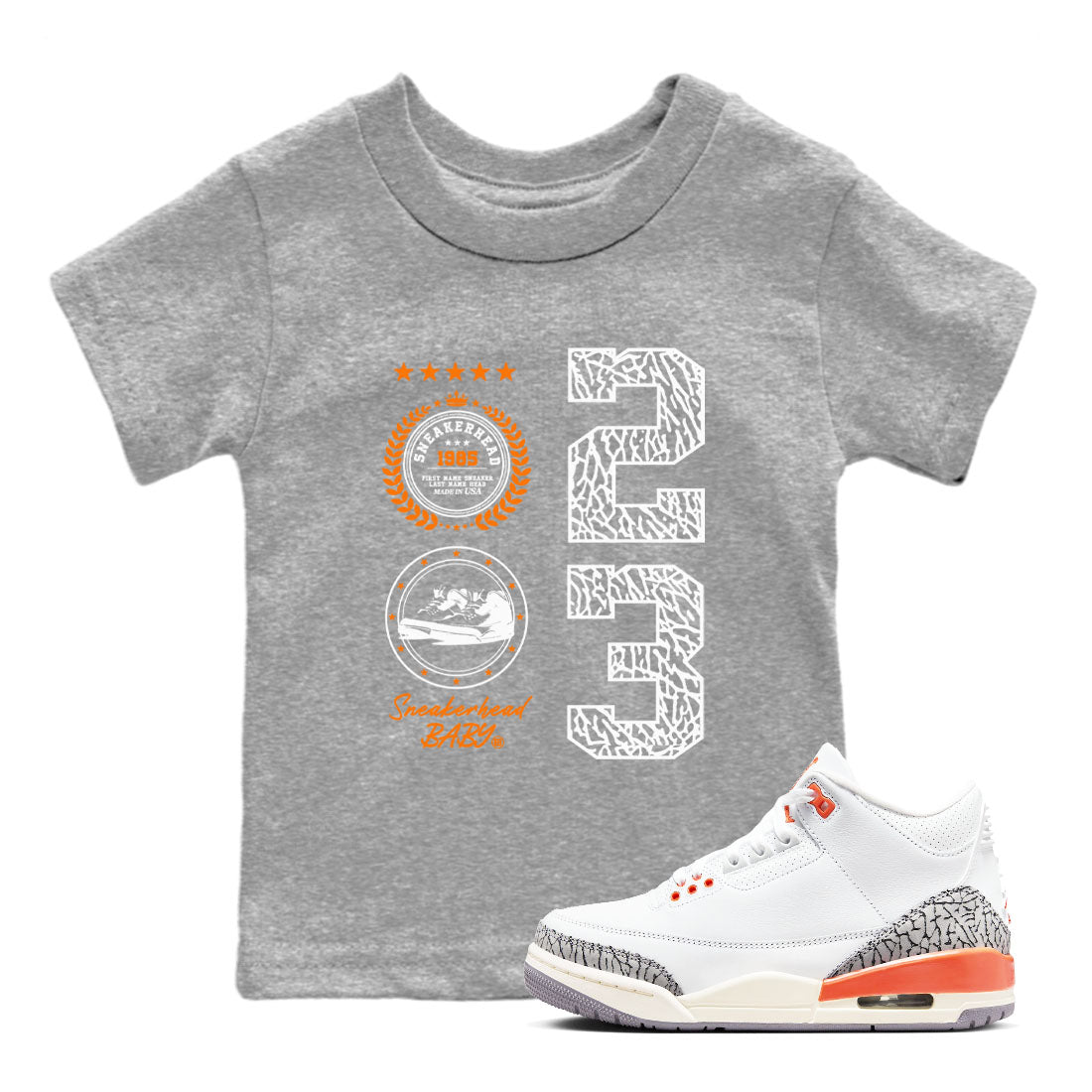 3s Georgia Peach shirt to match jordans Sneaker Emblem sneaker tees Air Jordan 3 Retro Georgia Peach Drip Gear Zone baby toddler Heather Grey 1 cotton Shirt