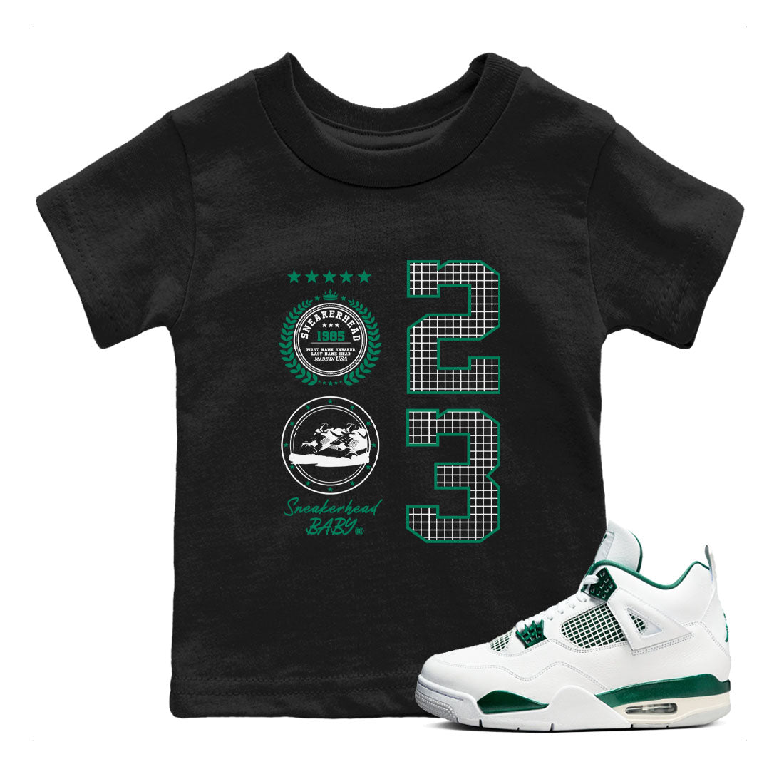 4s Oxidized Green shirts to match jordans Sneaker Emblem sneaker match tees Air Jordan 4 Oxidized Green Drip Gear Zone streetwear brand Baby and Youth Black 1 cotton tee