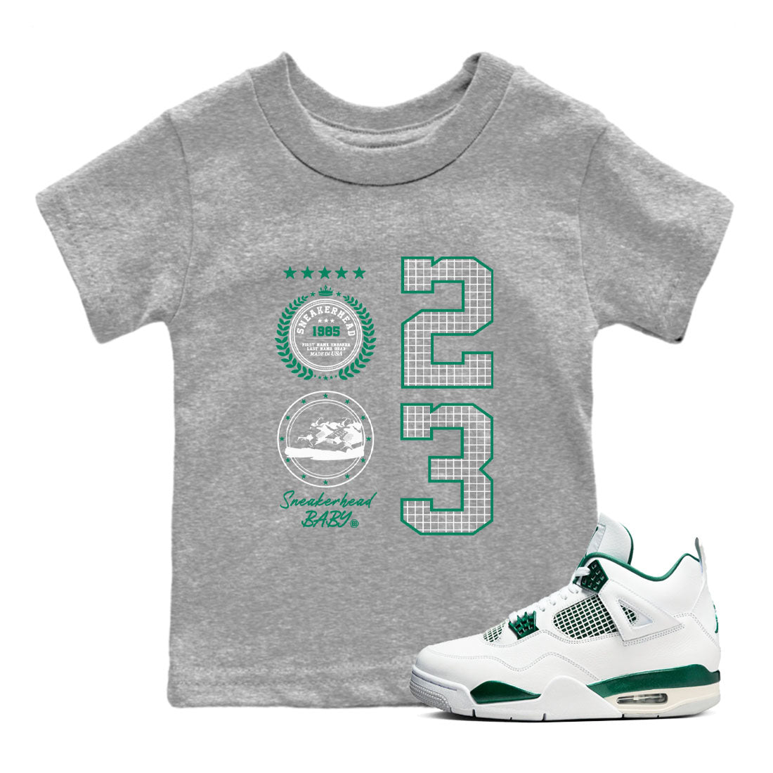 4s Oxidized Green shirts to match jordans Sneaker Emblem sneaker match tees Air Jordan 4 Oxidized Green Drip Gear Zone streetwear brand Baby and Youth Heather Grey 1 cotton tee