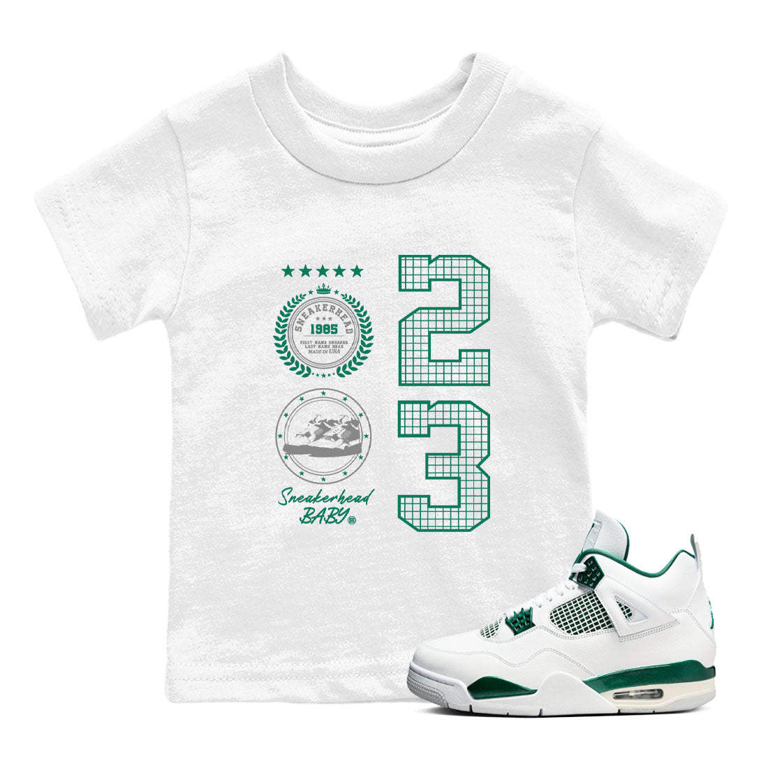 4s Oxidized Green shirts to match jordans Sneaker Emblem sneaker match tees Air Jordan 4 Oxidized Green Drip Gear Zone streetwear brand Baby and Youth White 1 cotton tee