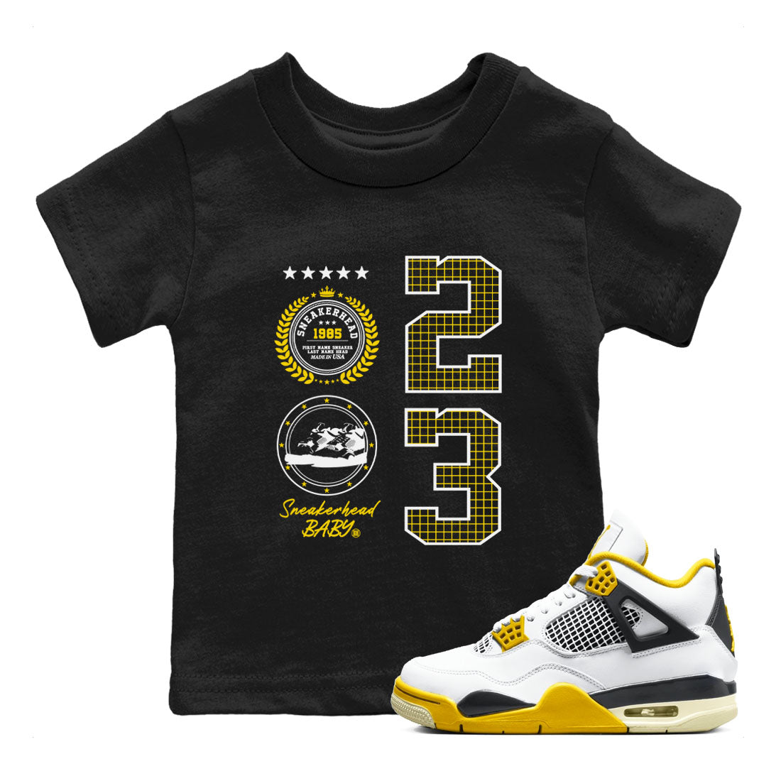 AJ4 Vivid Sulfur shirt to match jordans Sneaker Emblem sneaker tees Air Jordan 4 Vivid Sulfur Drip Gear Zone baby toddler Black 1 cotton Shirt