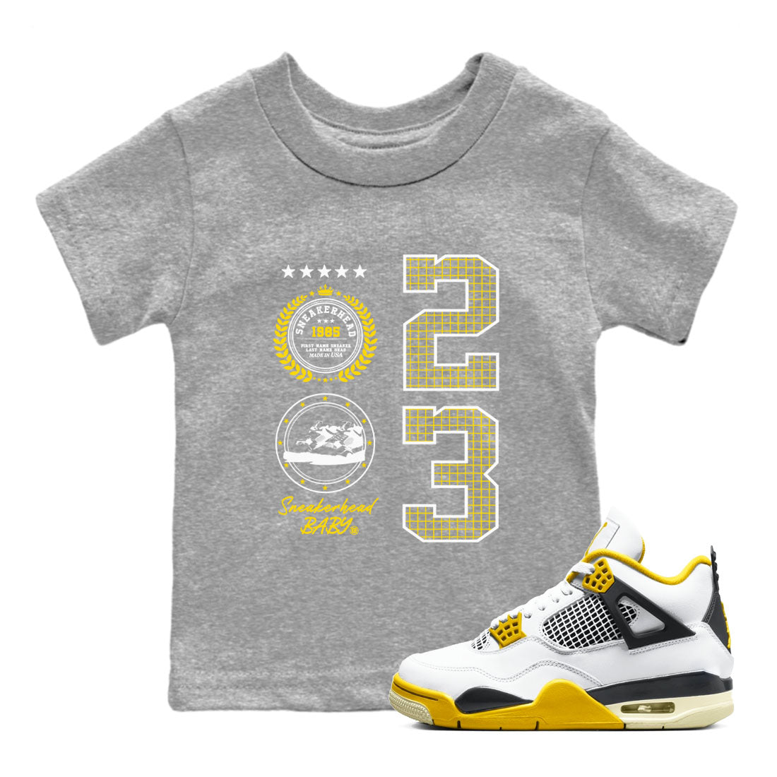 AJ4 Vivid Sulfur shirt to match jordans Sneaker Emblem sneaker tees Air Jordan 4 Vivid Sulfur Drip Gear Zone baby toddler Heather Grey 1 cotton Shirt