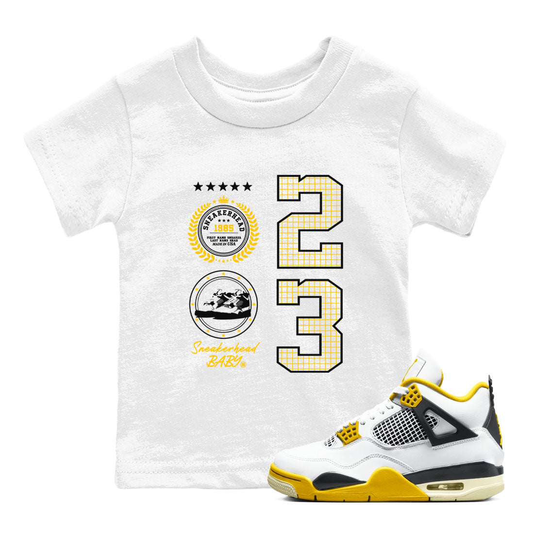AJ4 Vivid Sulfur shirt to match jordans Sneaker Emblem sneaker tees Air Jordan 4 Vivid Sulfur Drip Gear Zone baby toddler White 1 cotton Shirt