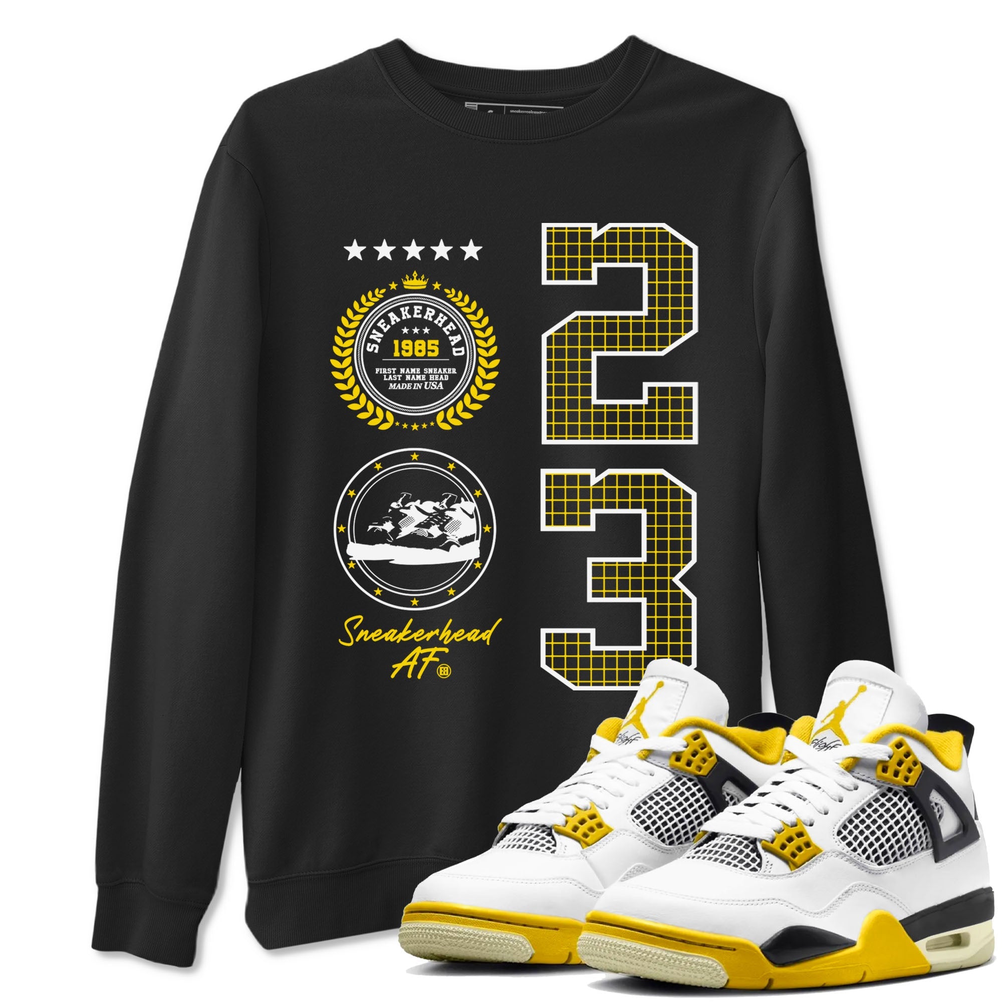 AJ4 Vivid Sulfur shirt to match jordans Sneaker Emblem sneaker tees Air Jordan 4 Vivid Sulfur Drip Gear Zone unisex cotton Black 1 crew neck shirt
