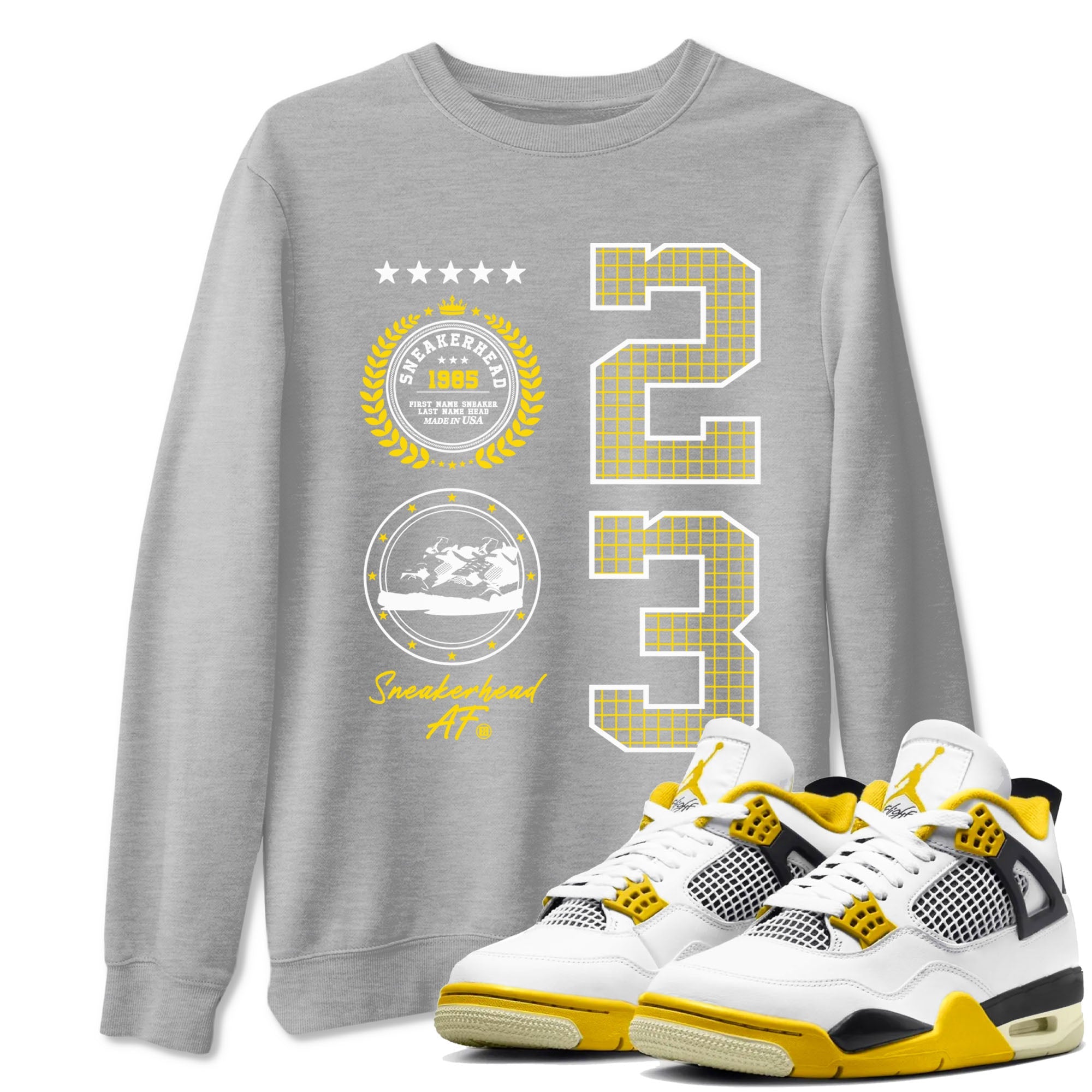 AJ4 Vivid Sulfur shirt to match jordans Sneaker Emblem sneaker tees Air Jordan 4 Vivid Sulfur Drip Gear Zone unisex cotton Heather Grey 1 crew neck shirt