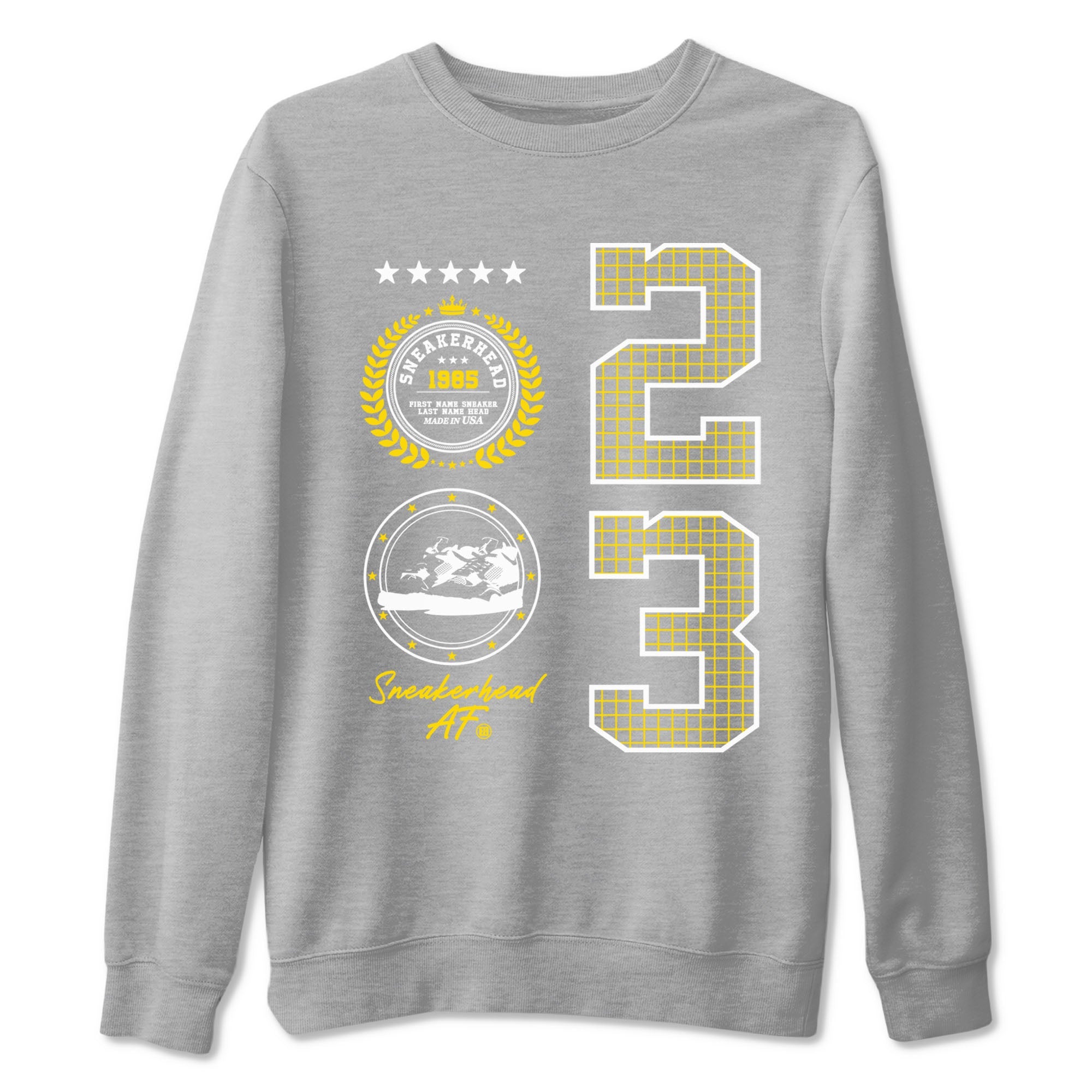 AJ4 Vivid Sulfur shirt to match jordans Sneaker Emblem sneaker tees Air Jordan 4 Vivid Sulfur Drip Gear Zone unisex cotton Heather Grey 2 crew neck shirt