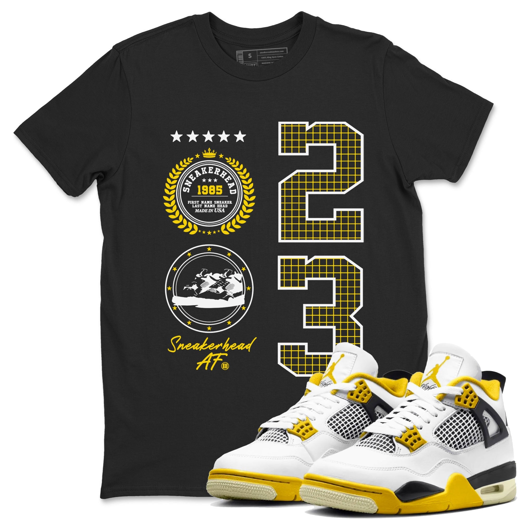 AJ4 Vivid Sulfur shirt to match jordans Sneaker Emblem sneaker tees Air Jordan 4 Vivid Sulfur Drip Gear Zone unisex cotton Black 1 crew neck shirt