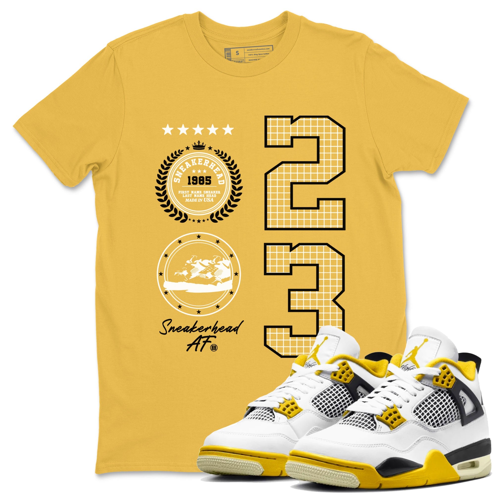 AJ4 Vivid Sulfur shirt to match jordans Sneaker Emblem sneaker tees Air Jordan 4 Vivid Sulfur Drip Gear Zone unisex cotton Daisy 1 crew neck shirt