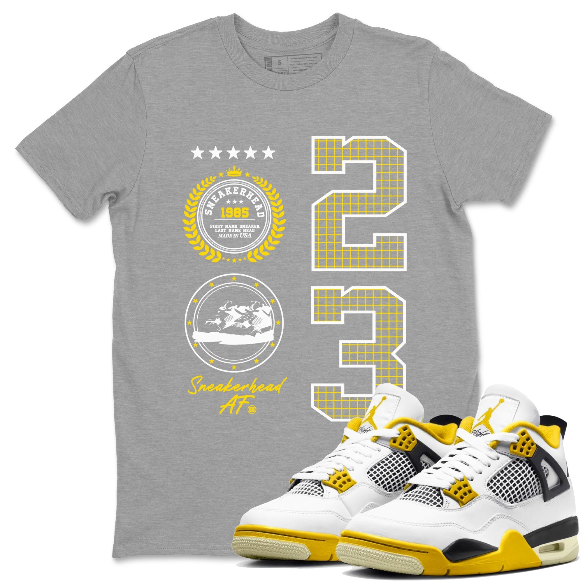 AJ4 Vivid Sulfur shirt to match jordans Sneaker Emblem sneaker tees Air Jordan 4 Vivid Sulfur Drip Gear Zone unisex cotton Heather Grey 1 crew neck shirt