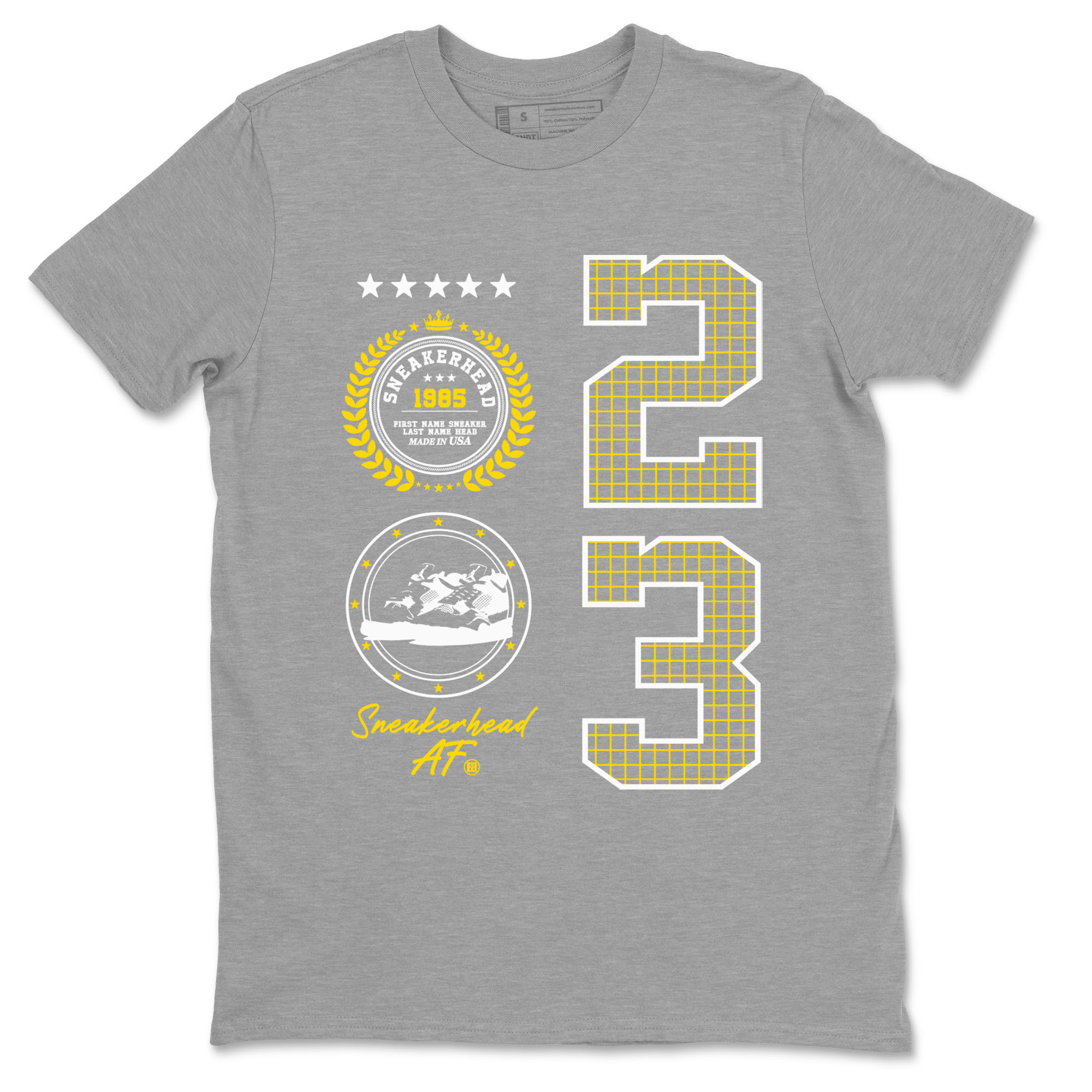 AJ4 Vivid Sulfur shirt to match jordans Sneaker Emblem sneaker tees Air Jordan 4 Vivid Sulfur Drip Gear Zone unisex cotton Heather Grey 2 crew neck shirt