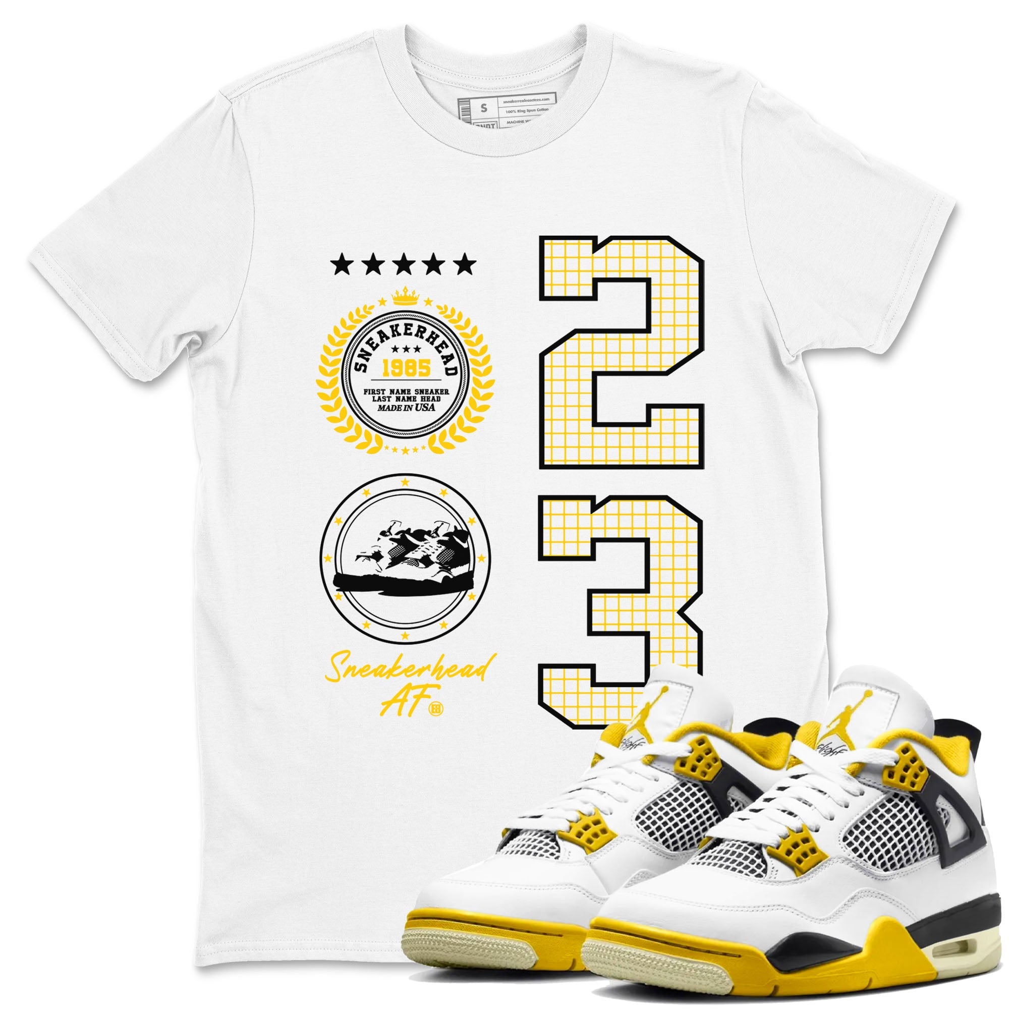 AJ4 Vivid Sulfur shirt to match jordans Sneaker Emblem sneaker tees Air Jordan 4 Vivid Sulfur Drip Gear Zone unisex cotton White 1 crew neck shirt