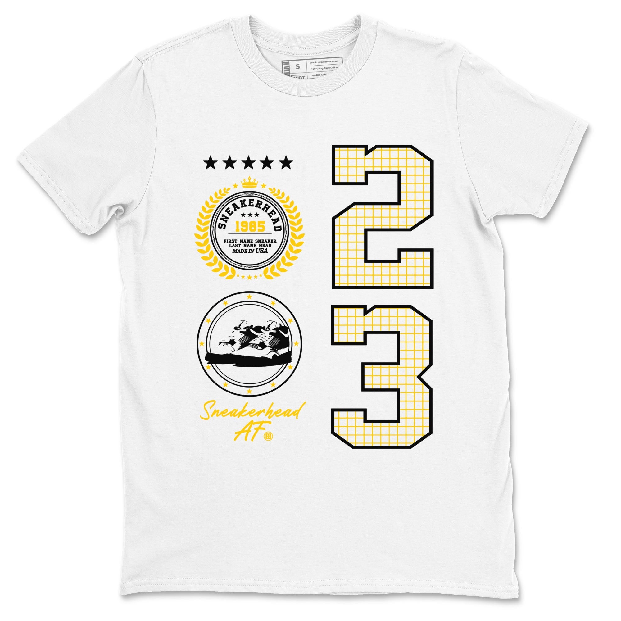 AJ4 Vivid Sulfur shirt to match jordans Sneaker Emblem sneaker tees Air Jordan 4 Vivid Sulfur Drip Gear Zone unisex cotton White 2 crew neck shirt