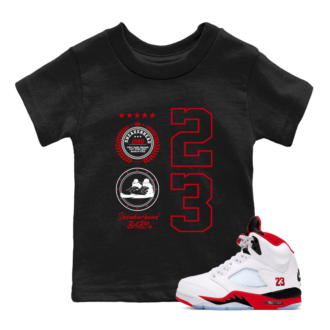 5s Fire Red Sneaker match tees  Sneaker Tees To Match Jordan 5 Retro Fire Red Sneakers  Sneaker Emblem Kids Graphic T-Shirt Black 1