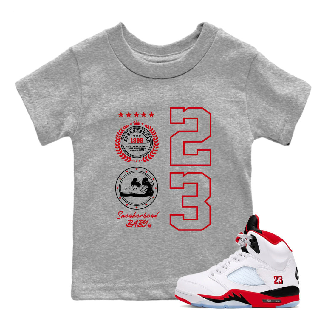 5s Fire Red Sneaker match tees  Sneaker Tees To Match Jordan 5 Retro Fire Red Sneakers  Sneaker Emblem Kids Graphic T-Shirt Heather Grey 1