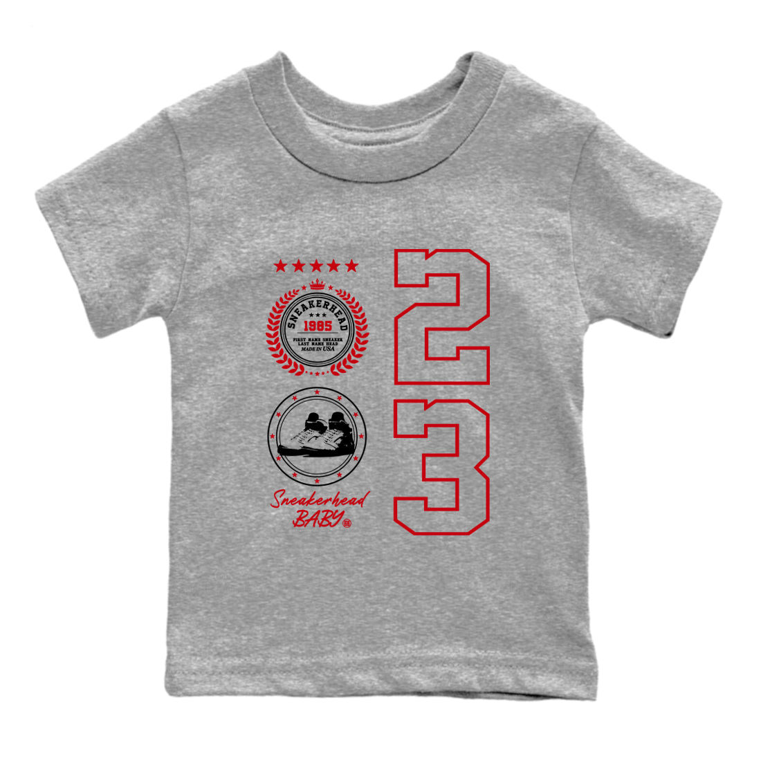 5s Fire Red Sneaker match tees  Sneaker Tees To Match Jordan 5 Retro Fire Red Sneakers  Sneaker Emblem Kids Graphic T-Shirt Heather Grey 2