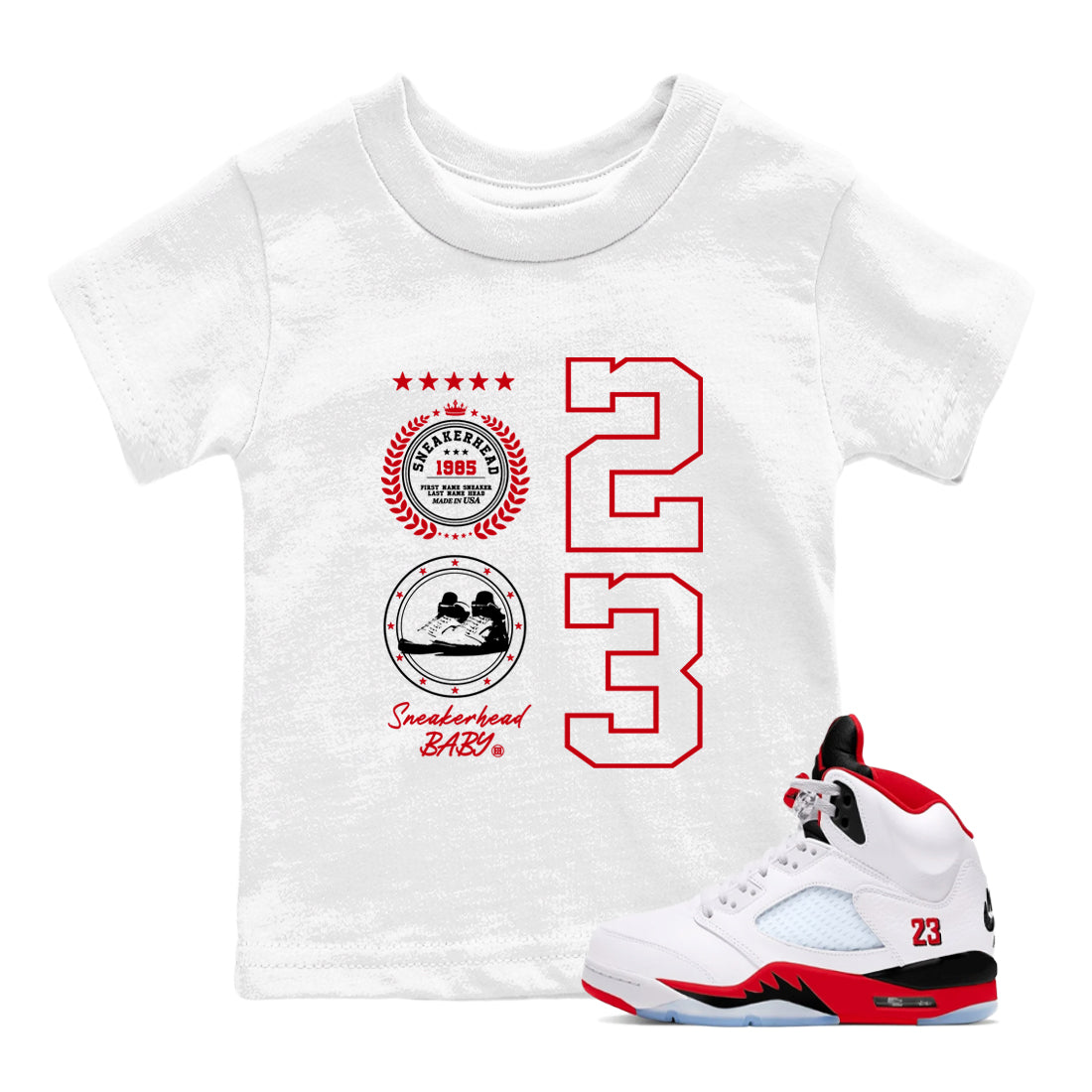 5s Fire Red Sneaker match tees  Sneaker Tees To Match Jordan 5 Retro Fire Red Sneakers  Sneaker Emblem Kids Graphic T-Shirt White 1