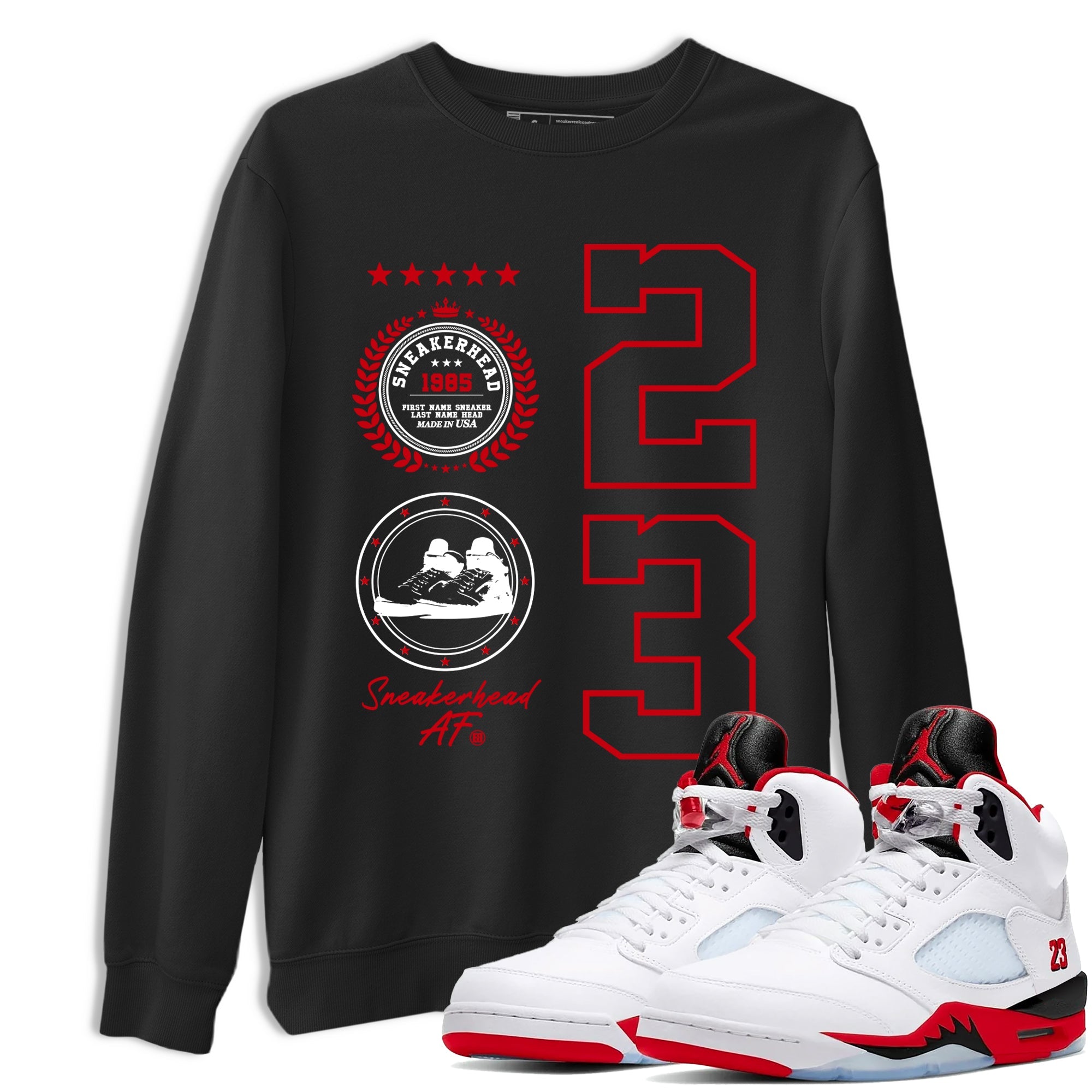 5s Fire Red Sneaker match tees  Sneaker Tees To Match Jordan 5 Retro Fire Red Sneakers  Sneaker Emblem Graphic Tee Black 1