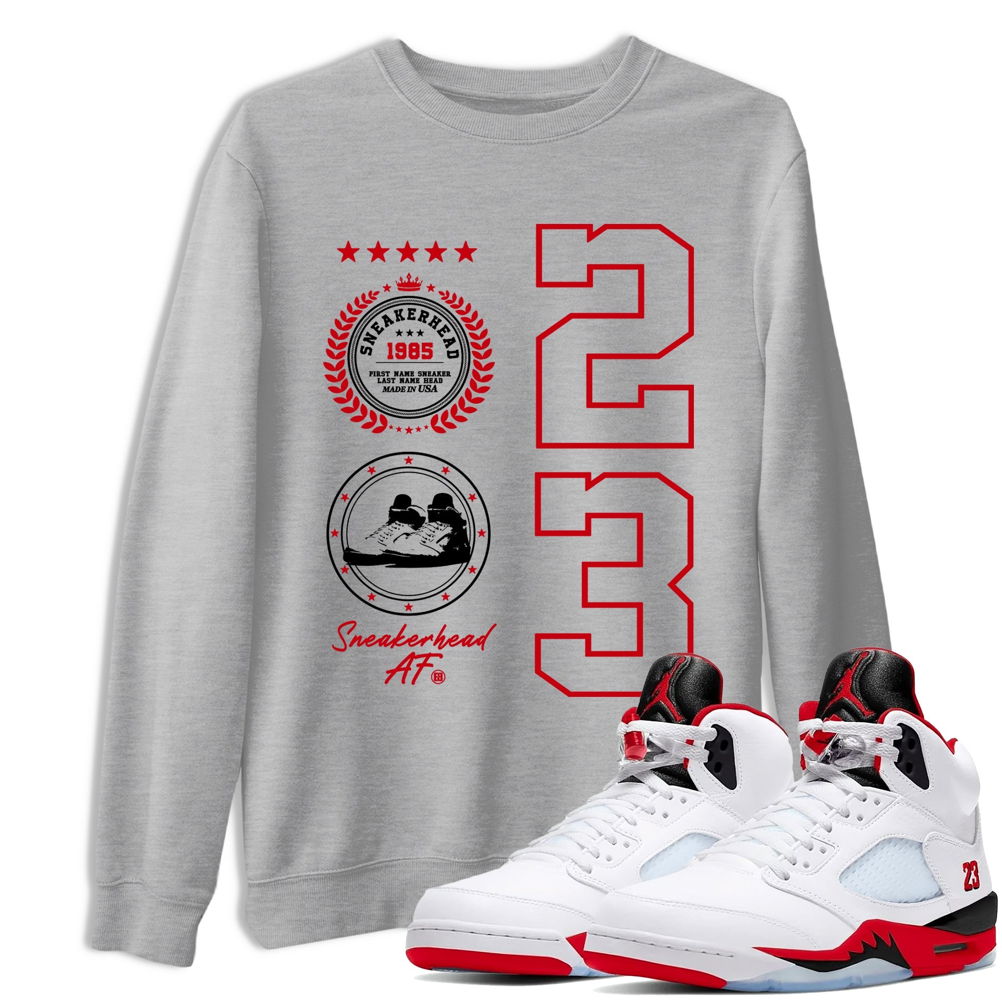 5s Fire Red Sneaker match tees  Sneaker Tees To Match Jordan 5 Retro Fire Red Sneakers  Sneaker Emblem Graphic Tee Heather Grey 1