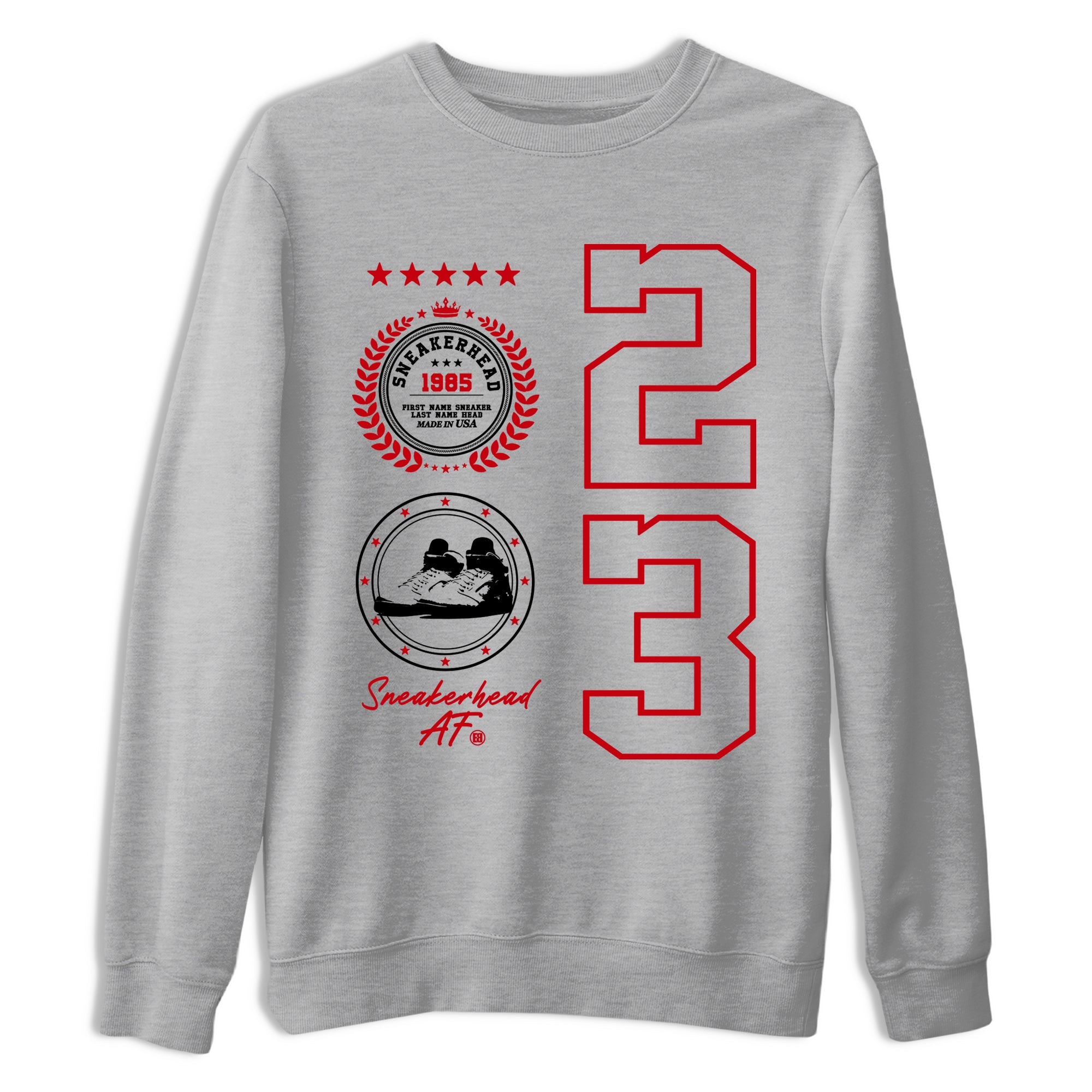 5s Fire Red Sneaker match tees  Sneaker Tees To Match Jordan 5 Retro Fire Red Sneakers  Sneaker Emblem Graphic Tee Heather Grey 2