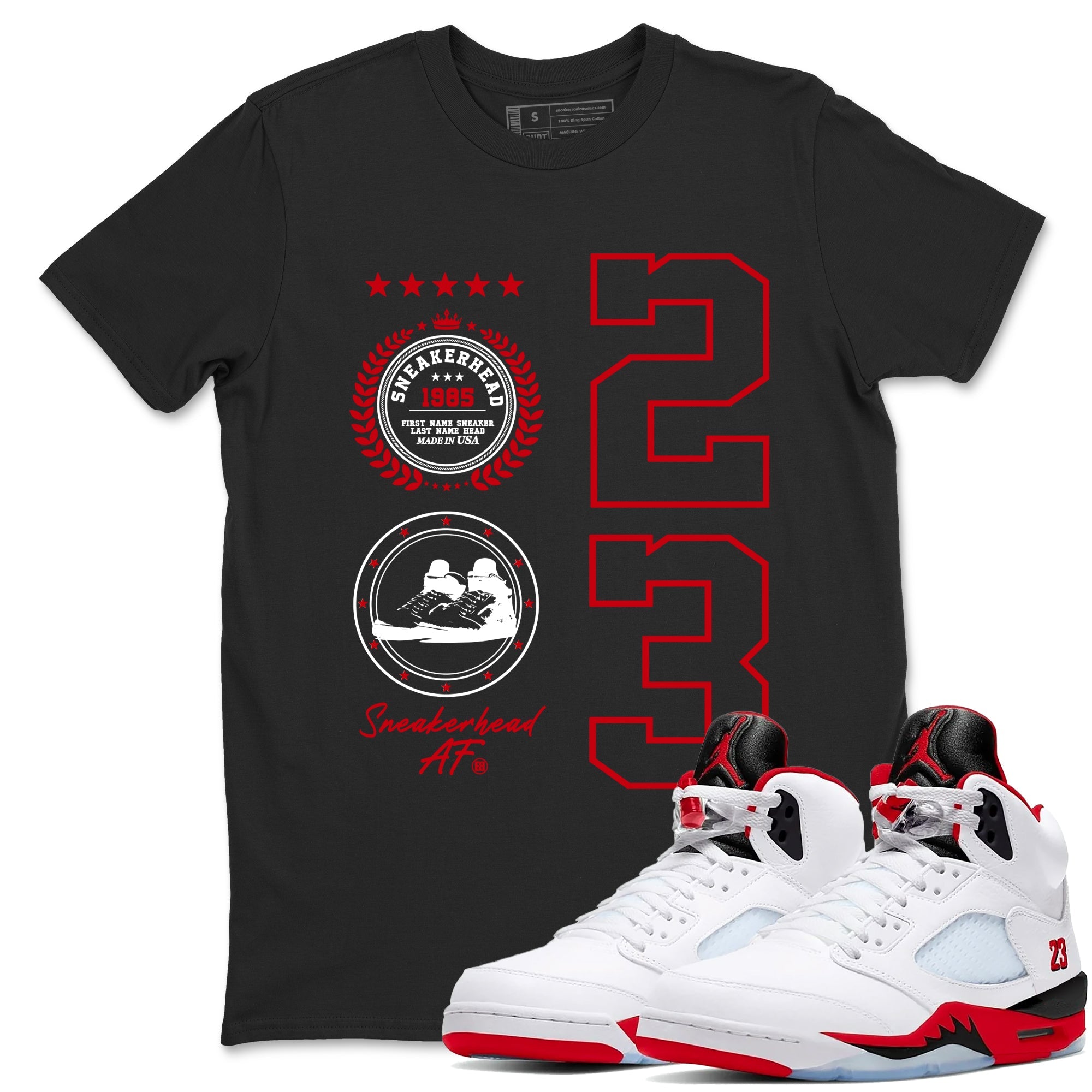5s Fire Red Sneaker match tees  Sneaker Tees To Match Jordan 5 Retro Fire Red Sneakers  Sneaker Emblem Graphic Tee Black 1