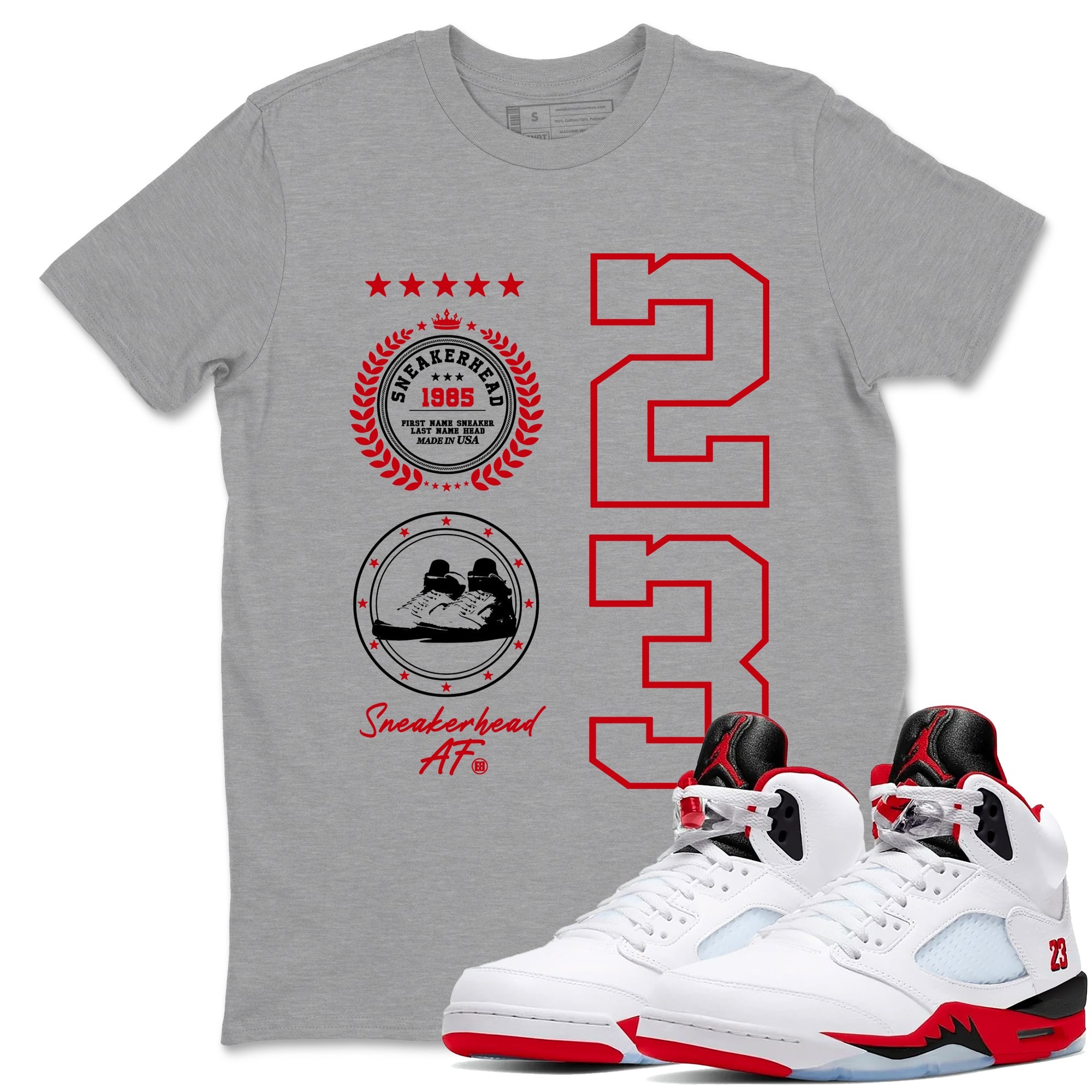 5s Fire Red Sneaker match tees  Sneaker Tees To Match Jordan 5 Retro Fire Red Sneakers  Sneaker Emblem Graphic Tee Heather Grey 1
