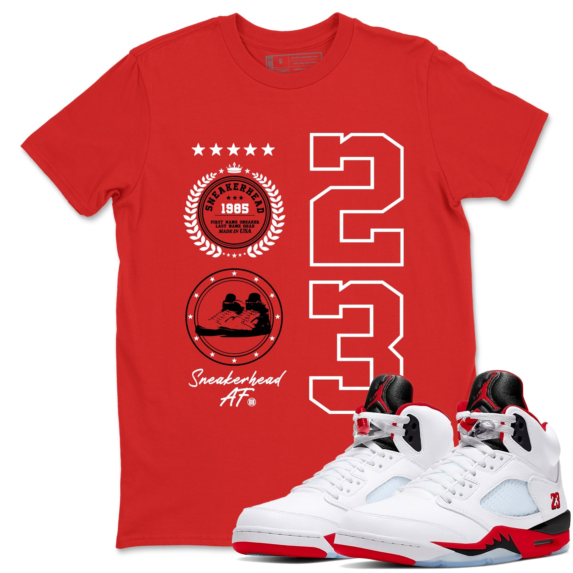 5s Fire Red Sneaker match tees  Sneaker Tees To Match Jordan 5 Retro Fire Red Sneakers  Sneaker Emblem Graphic Tee Red 1
