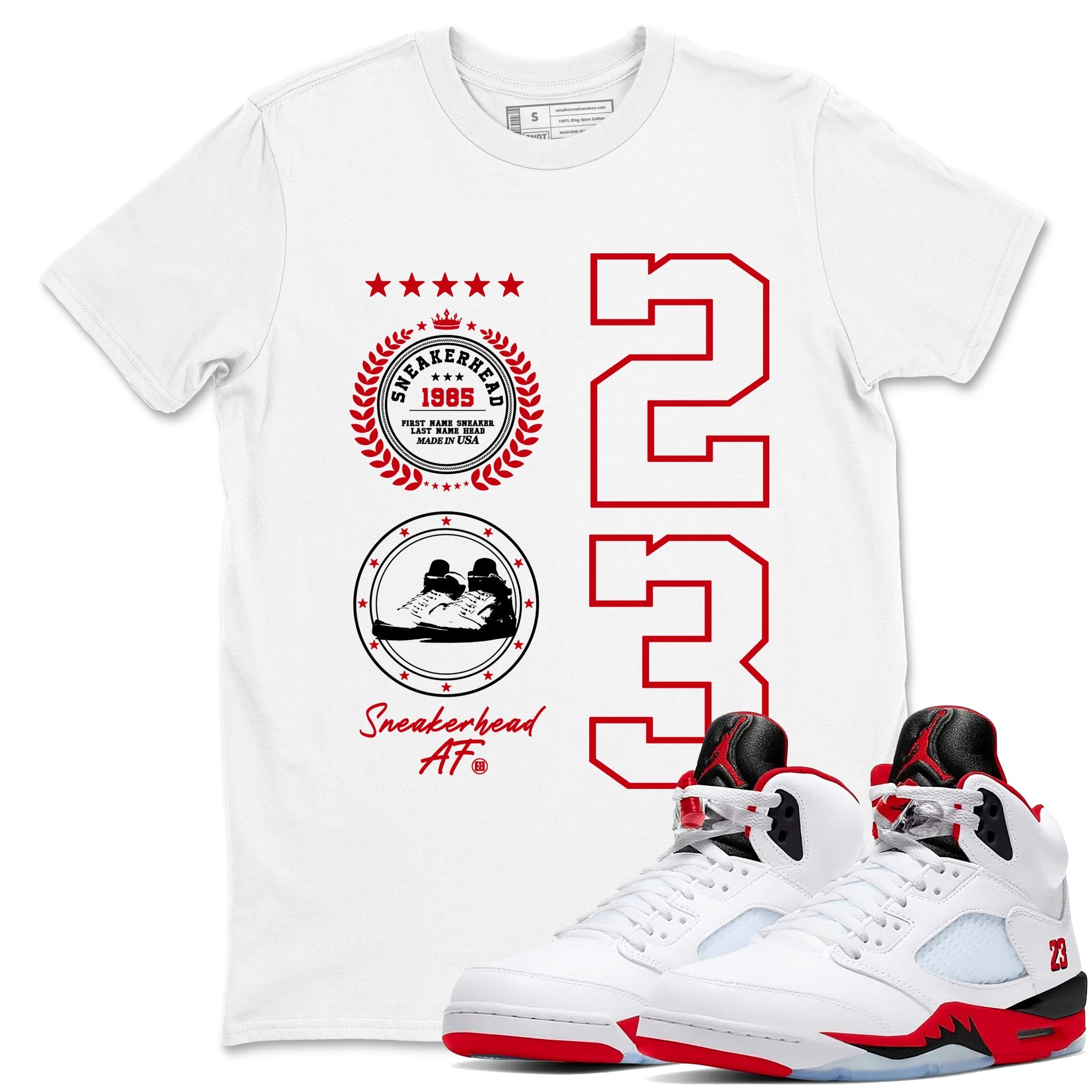 5s Fire Red Sneaker match tees  Sneaker Tees To Match Jordan 5 Retro Fire Red Sneakers  Sneaker Emblem Graphic Tee White 1