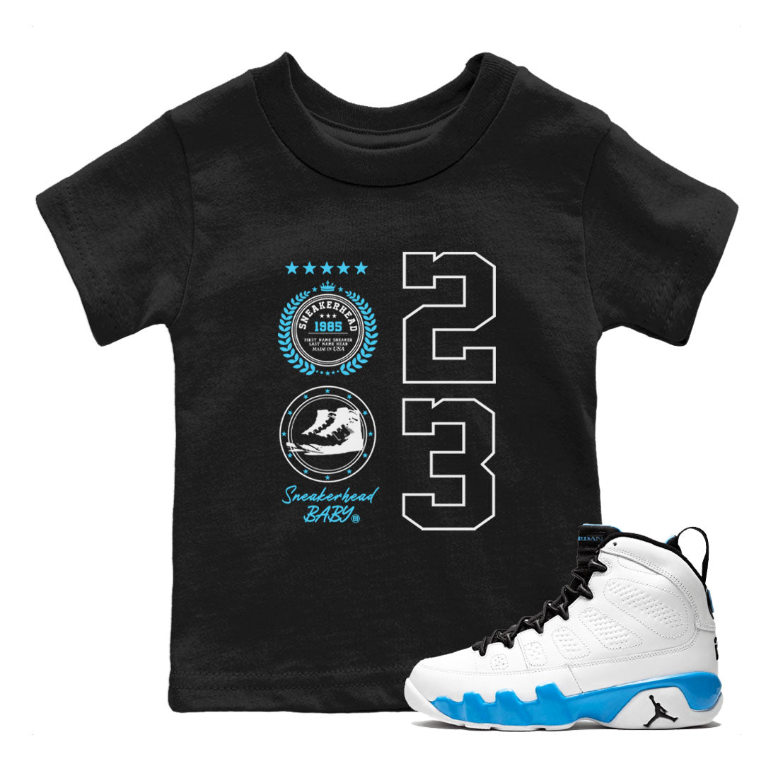 9s Powder Blue shirt to match jordans Sneaker Emblem sneaker tees Air Jordan 9 Powder Blue Drip Gear Zone baby toddler Black 1 cotton Shirt